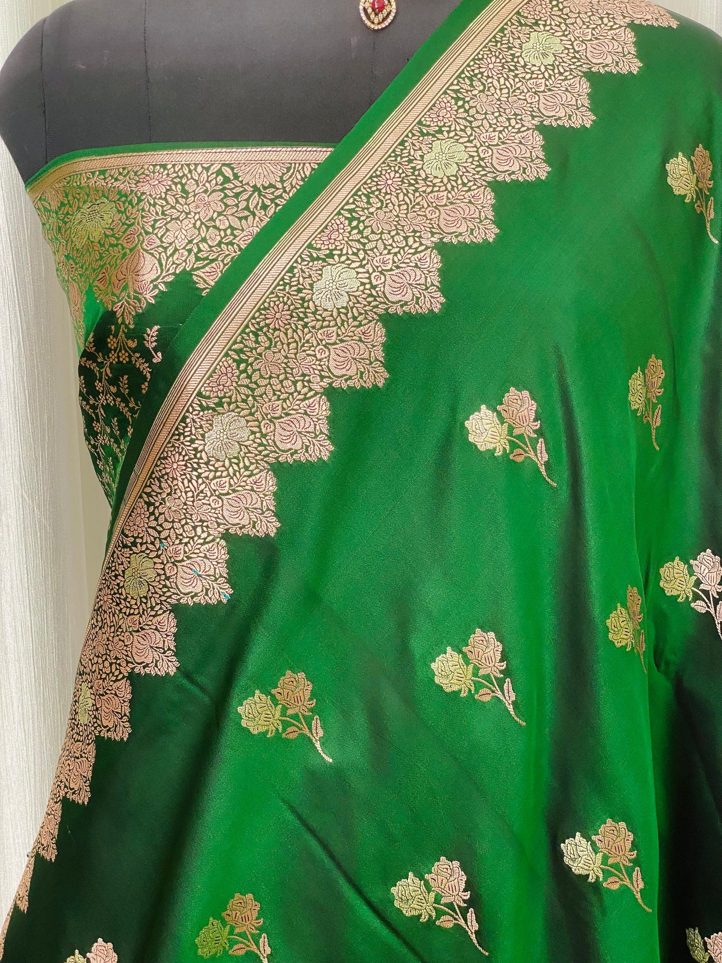 Banarasi Mashru Silk Saree Emerald Green