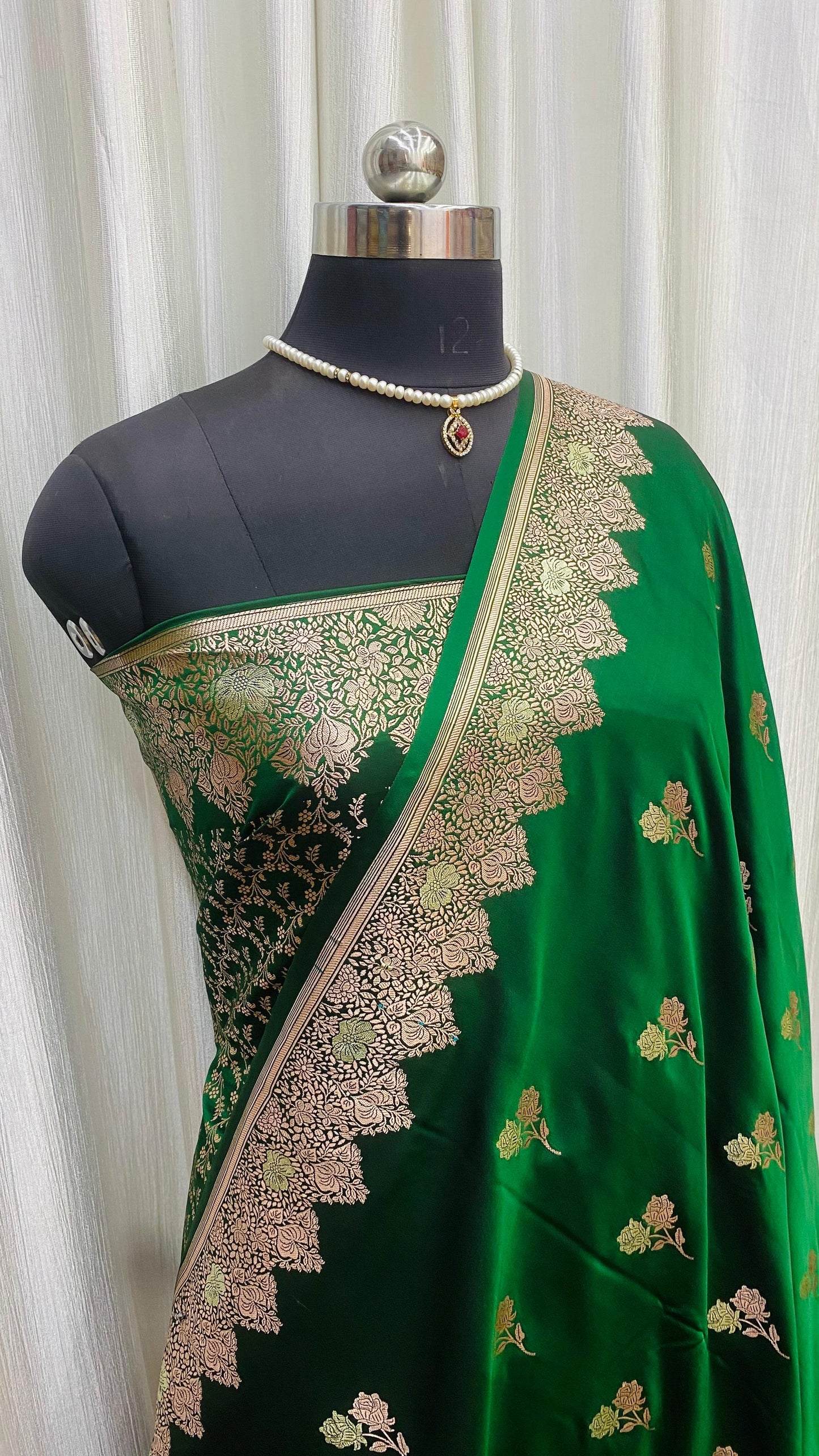 Banarasi Mashru Silk Saree Emerald Green