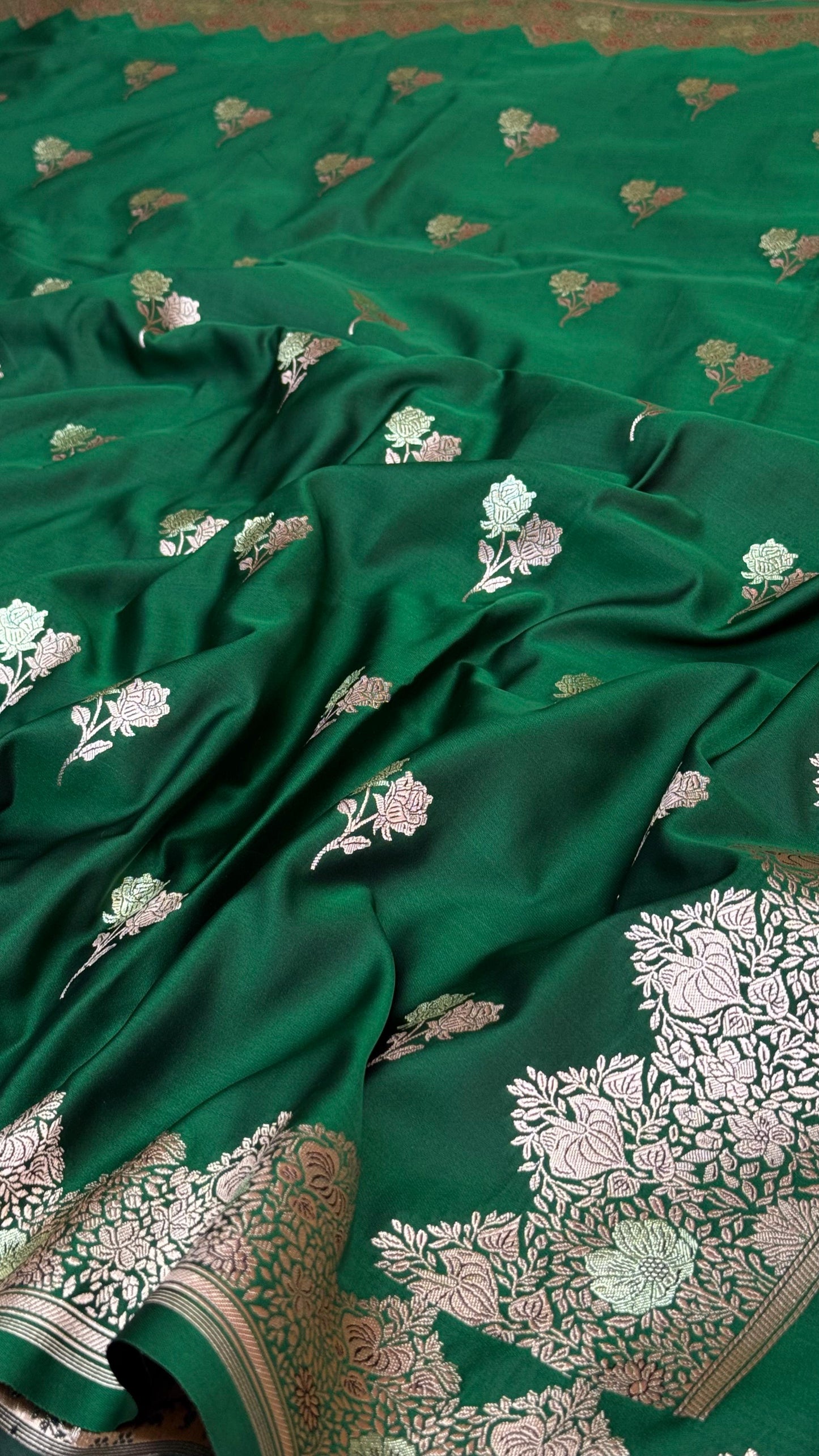 Banarasi Mashru Silk Saree Emerald Green