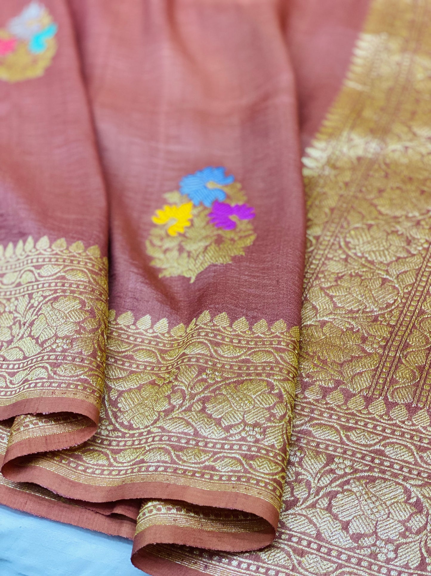 Pure Tussar Handloom Kaduwa Weave Saree Brown Meenakari Buta ( Noor-e-Tussar )