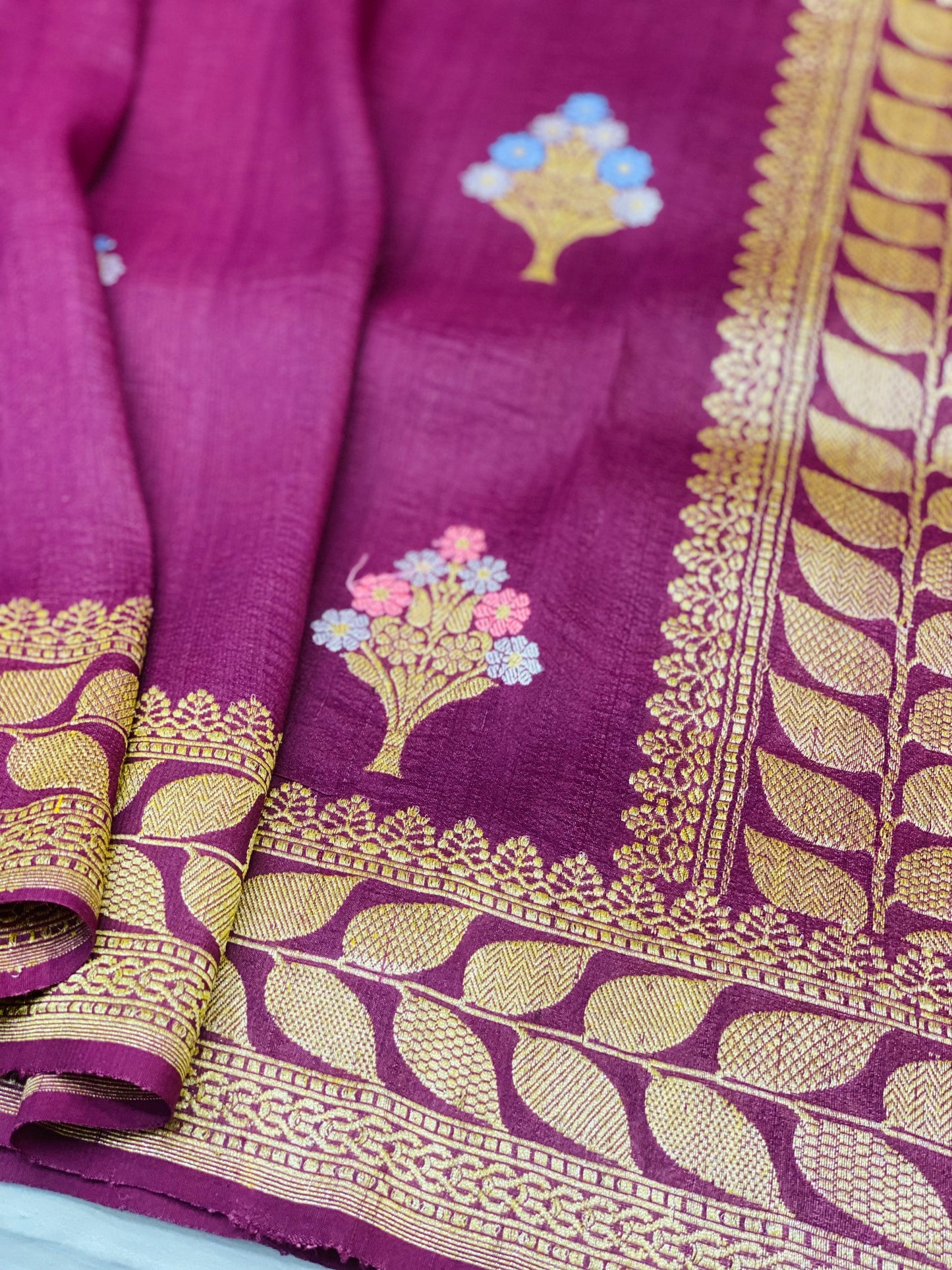 Pure Tussar Handloom Kaduwa Weave Saree Plum Meenakari Buta (Noor-e-Tussar)