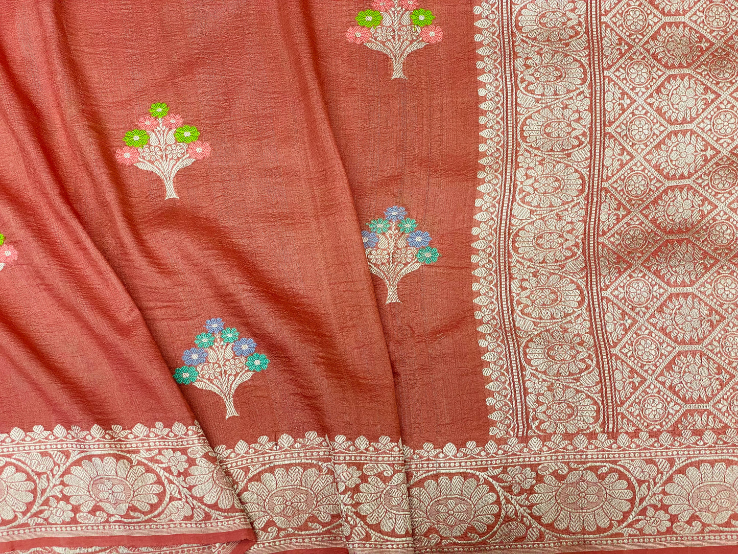 Pure Tussar Handloom Kaduwa Weave Saree Rust Elegance with Meenakari Buta ( Noor-e-Tussar )
