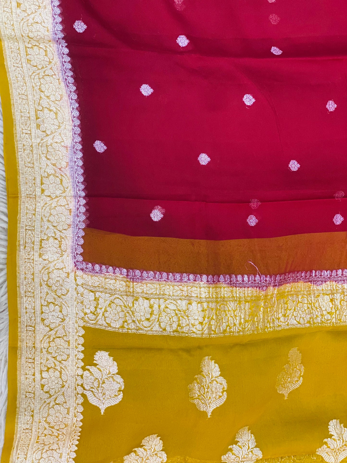 Pure Khaddi Chiffon Handloom Saree Mehroon Body With Mustard Yellow (Chhalak)