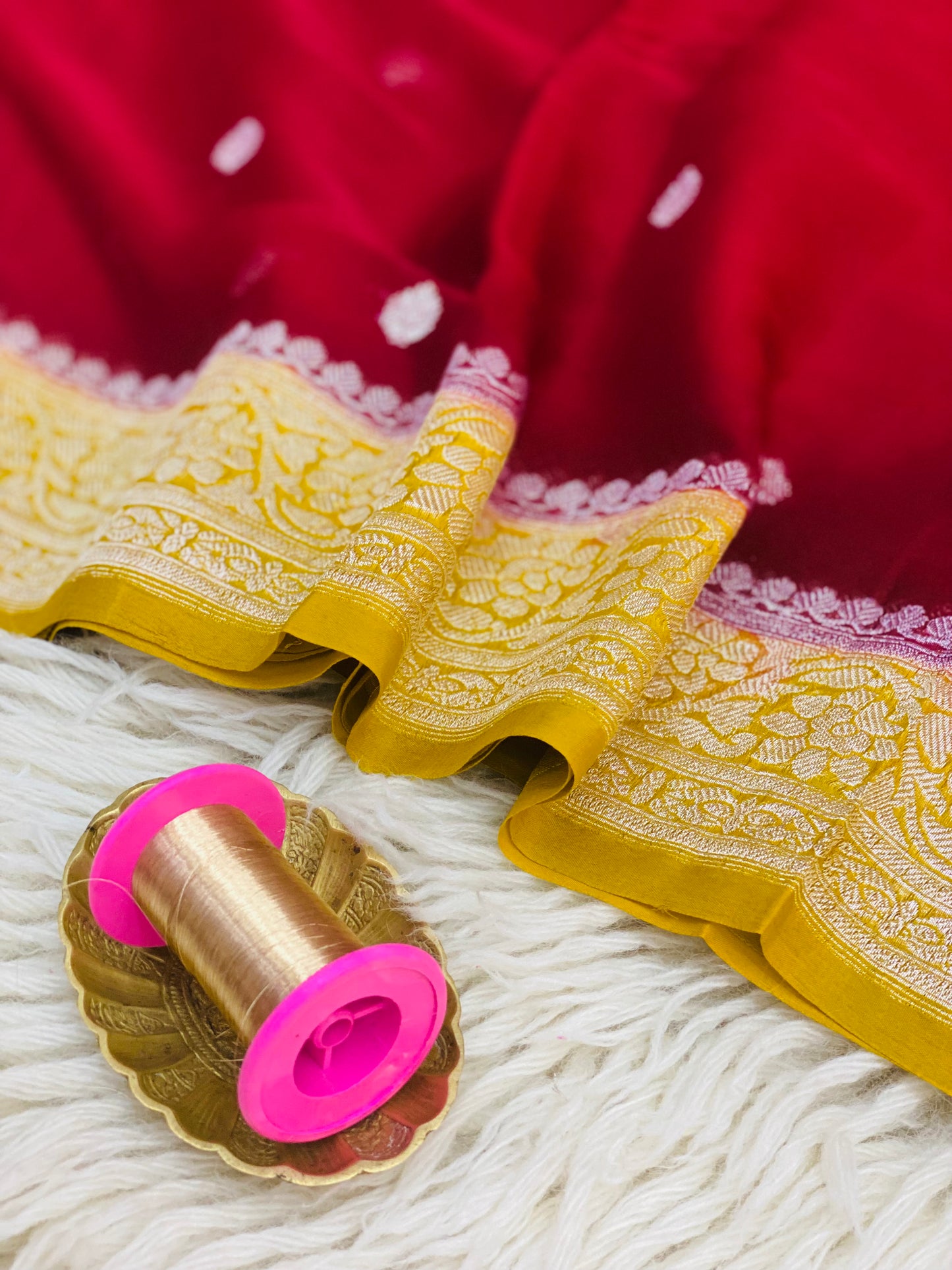 Pure Khaddi Chiffon Handloom Saree Mehroon Body With Mustard Yellow (Chhalak)