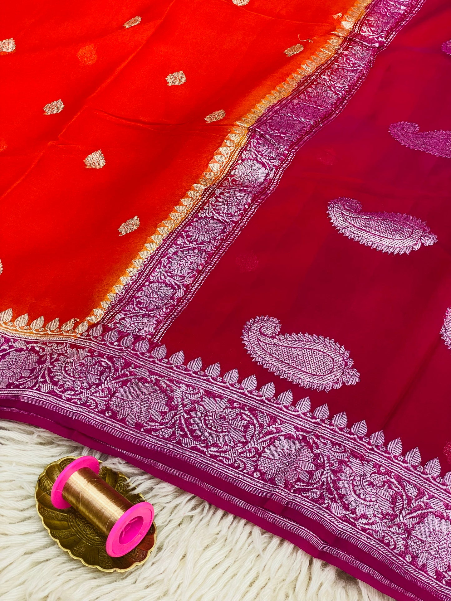 Pure Khaddi Chiffon Handloom Saree Orange Body With Rani PInk (Chhalak)
