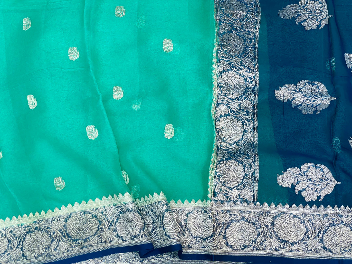 Pure Khaddi Chiffon Handloom Saree Light Blue Body With Dark Blue (Chhalak)