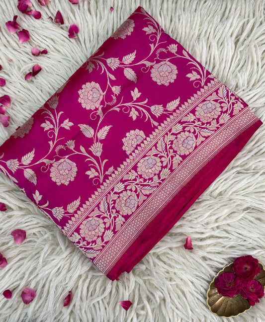 Pure Katan Jaal Zari Meena Saree Magenta (Noor-e-Nazaaka)