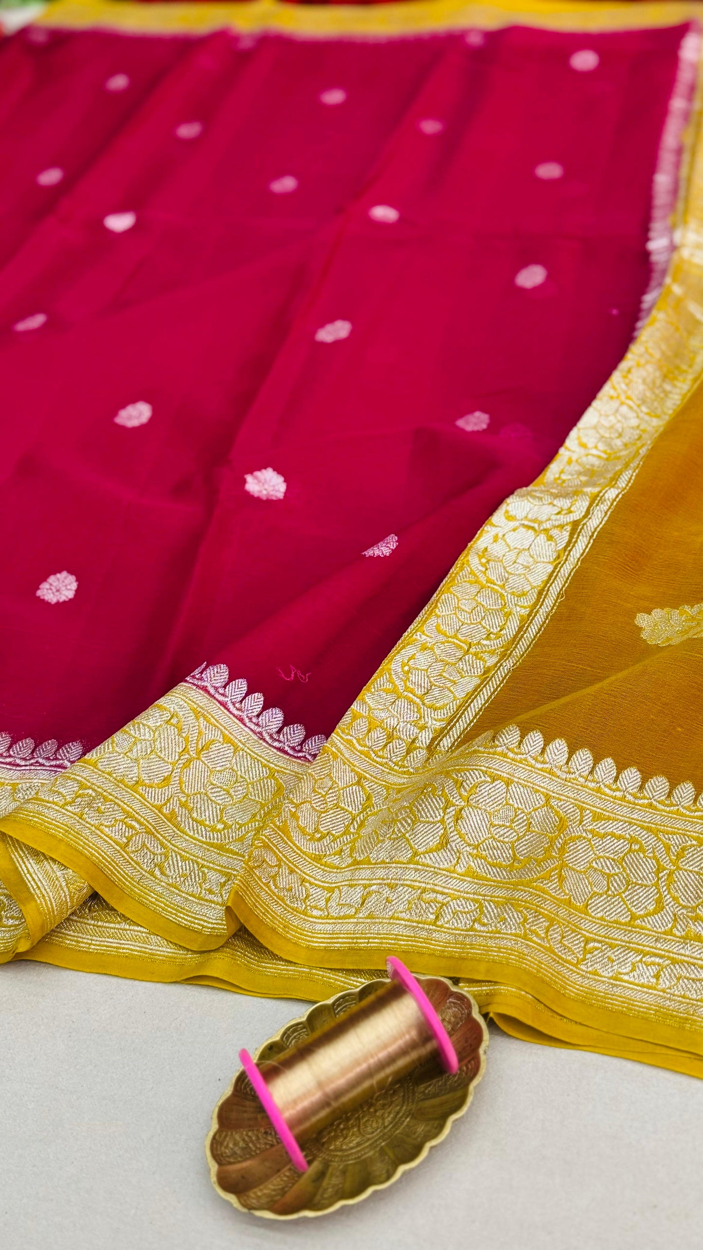 Pure Khaddi Chiffon Handloom Saree Magenta Body With Yellow (Chhalak)