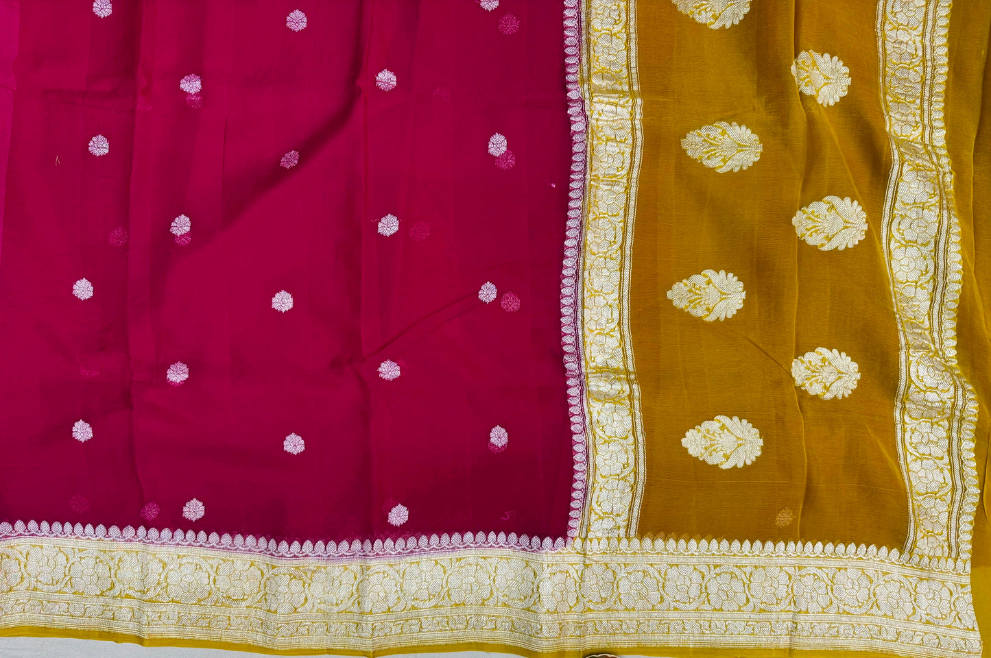 Pure Khaddi Chiffon Handloom Saree Magenta Body With Yellow (Chhalak)