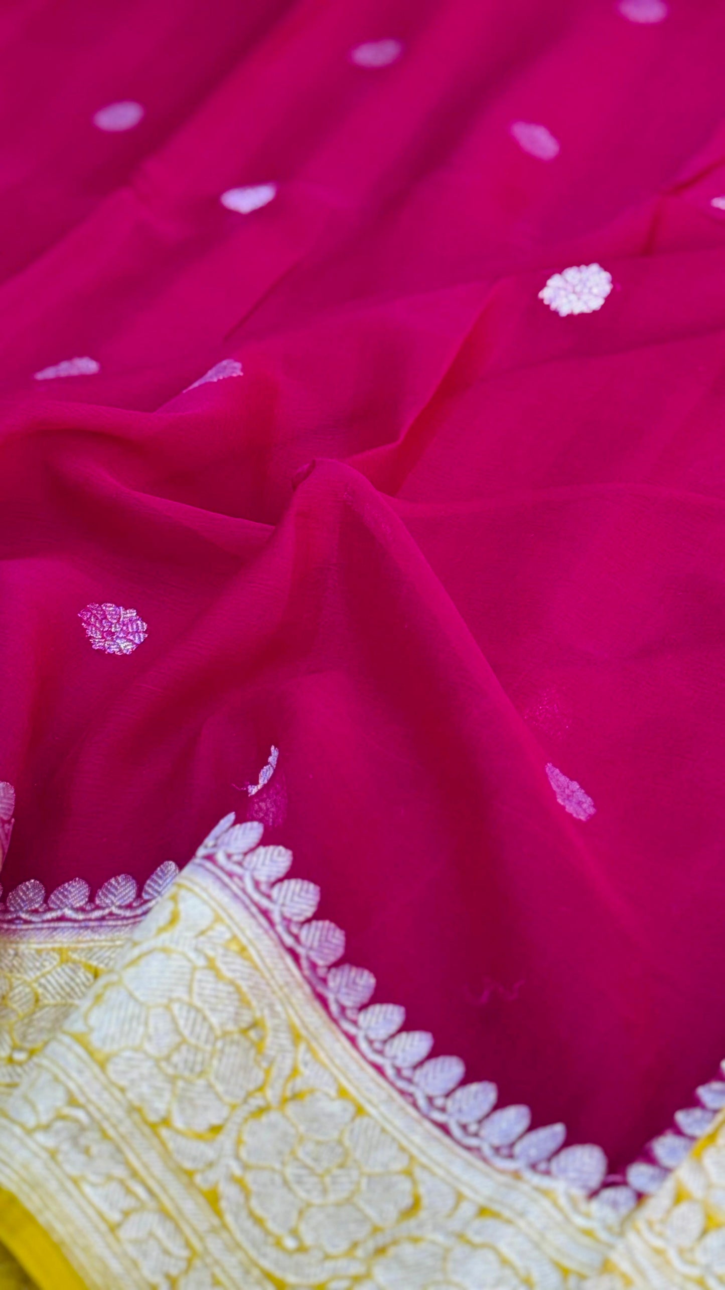 Pure Khaddi Chiffon Handloom Saree Magenta Body With Yellow (Chhalak)