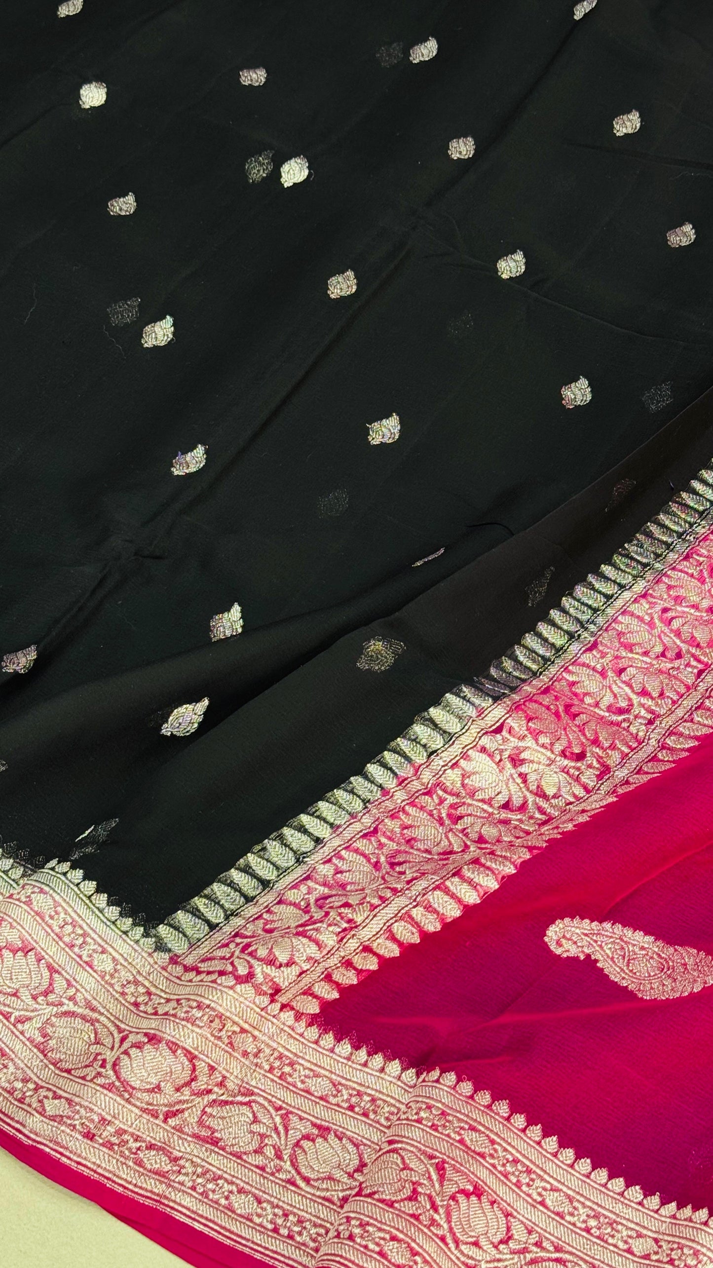 Pure Khaddi Chiffon Handloom Saree Black Body With Rani Pink (Chhalak)