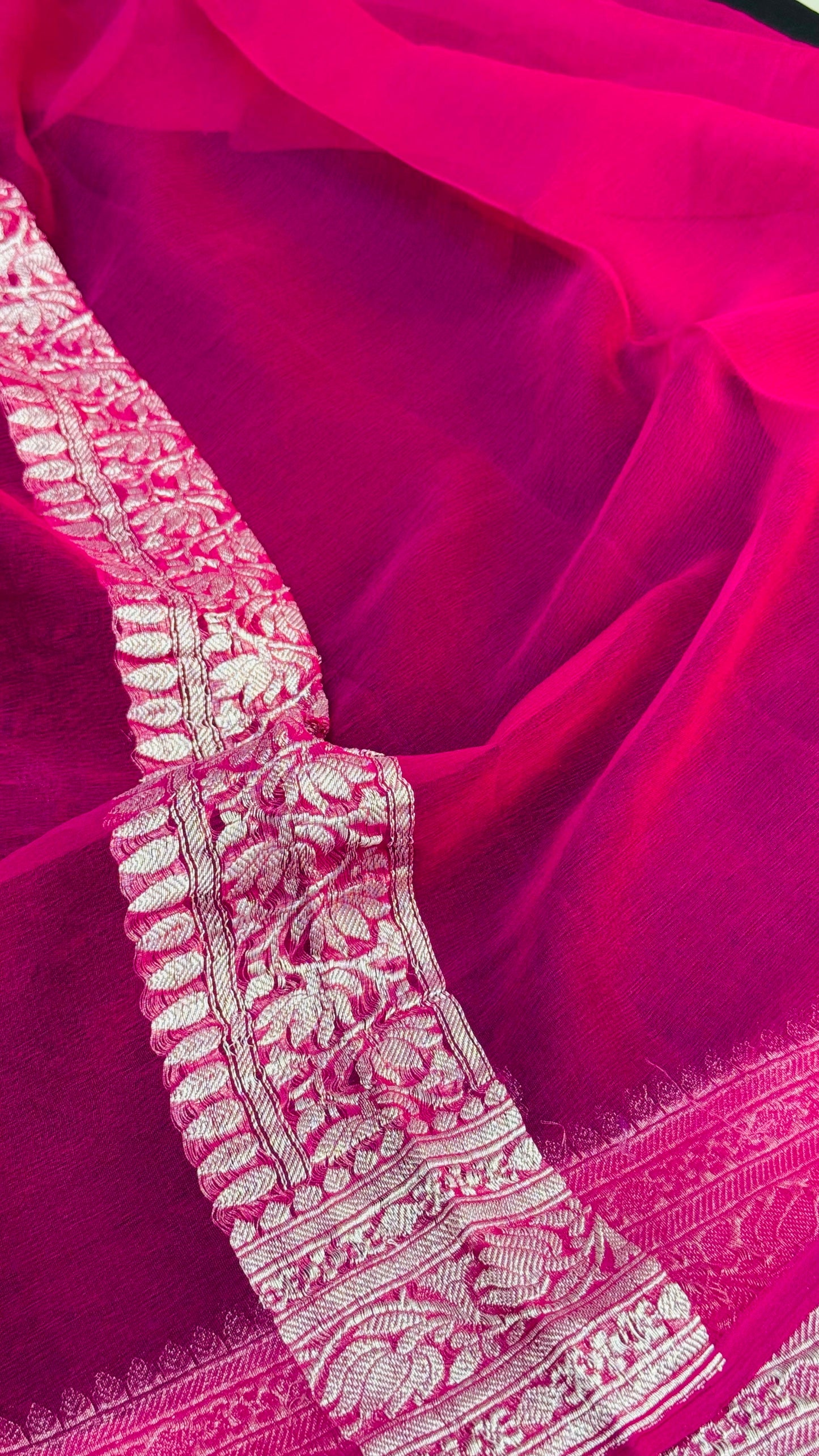 Pure Khaddi Chiffon Handloom Saree Black Body With Rani Pink (Chhalak)