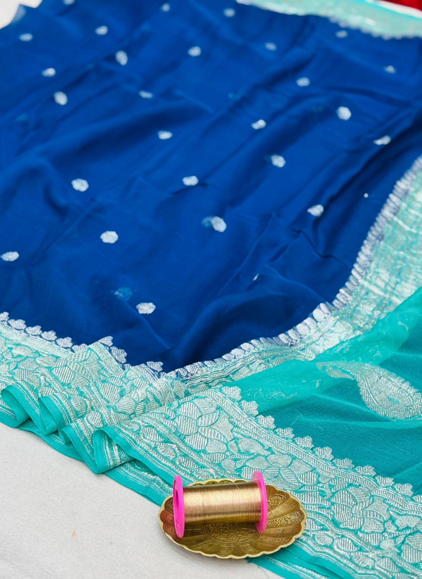 Pure Khaddi Chiffon Handloom Saree Deep Blue Body With Light Blue (Chhalak)