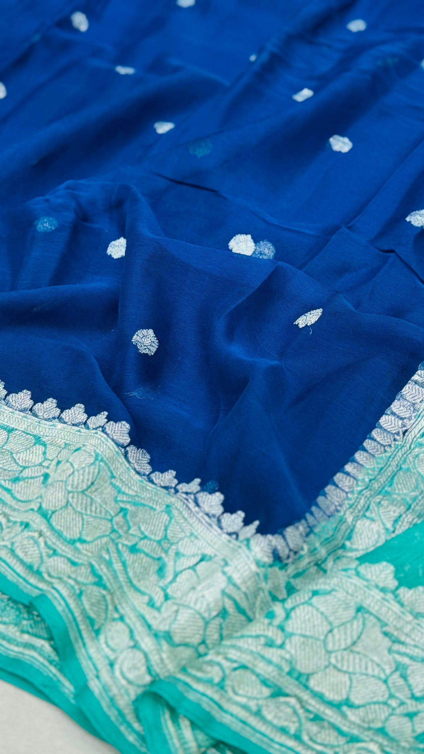 Pure Khaddi Chiffon Handloom Saree Deep Blue Body With Light Blue (Chhalak)