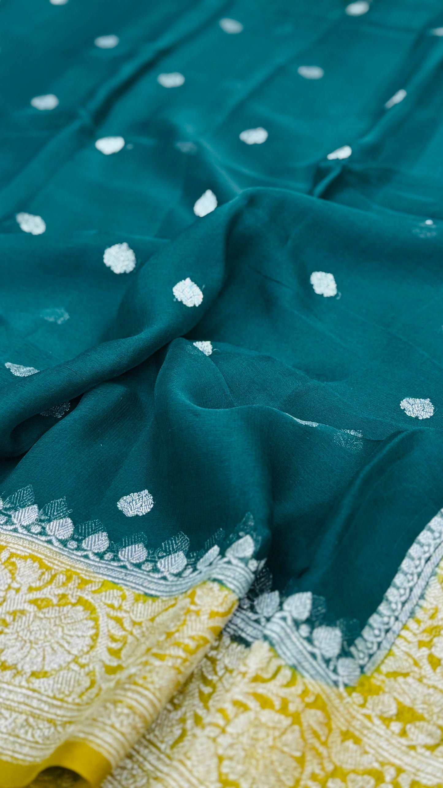 Pure Khaddi Chiffon Handloom Saree Deep Bottle Dreen Body With Mustard Yellow (Chhalak)
