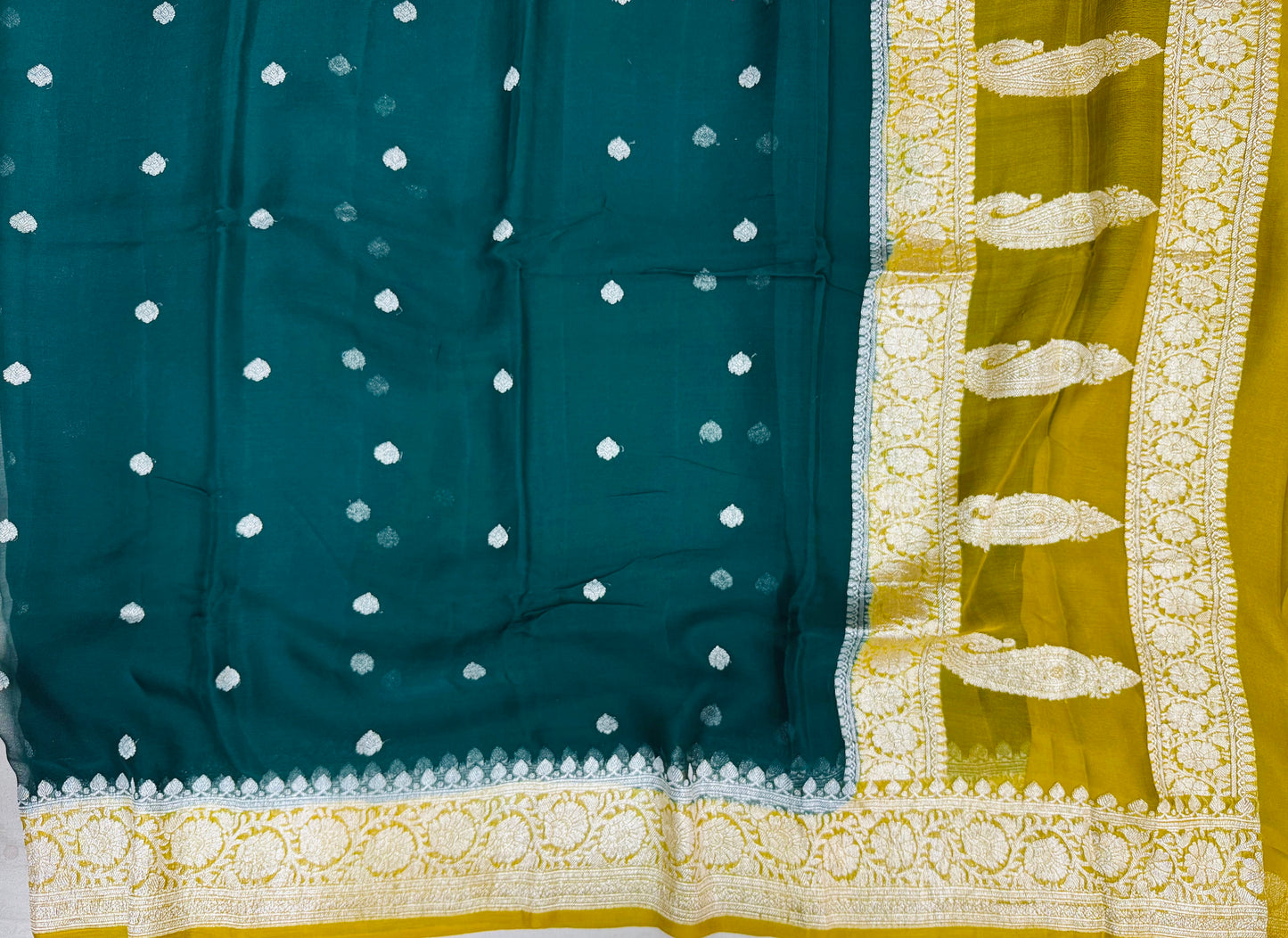 Pure Khaddi Chiffon Handloom Saree Deep Bottle Dreen Body With Mustard Yellow (Chhalak)