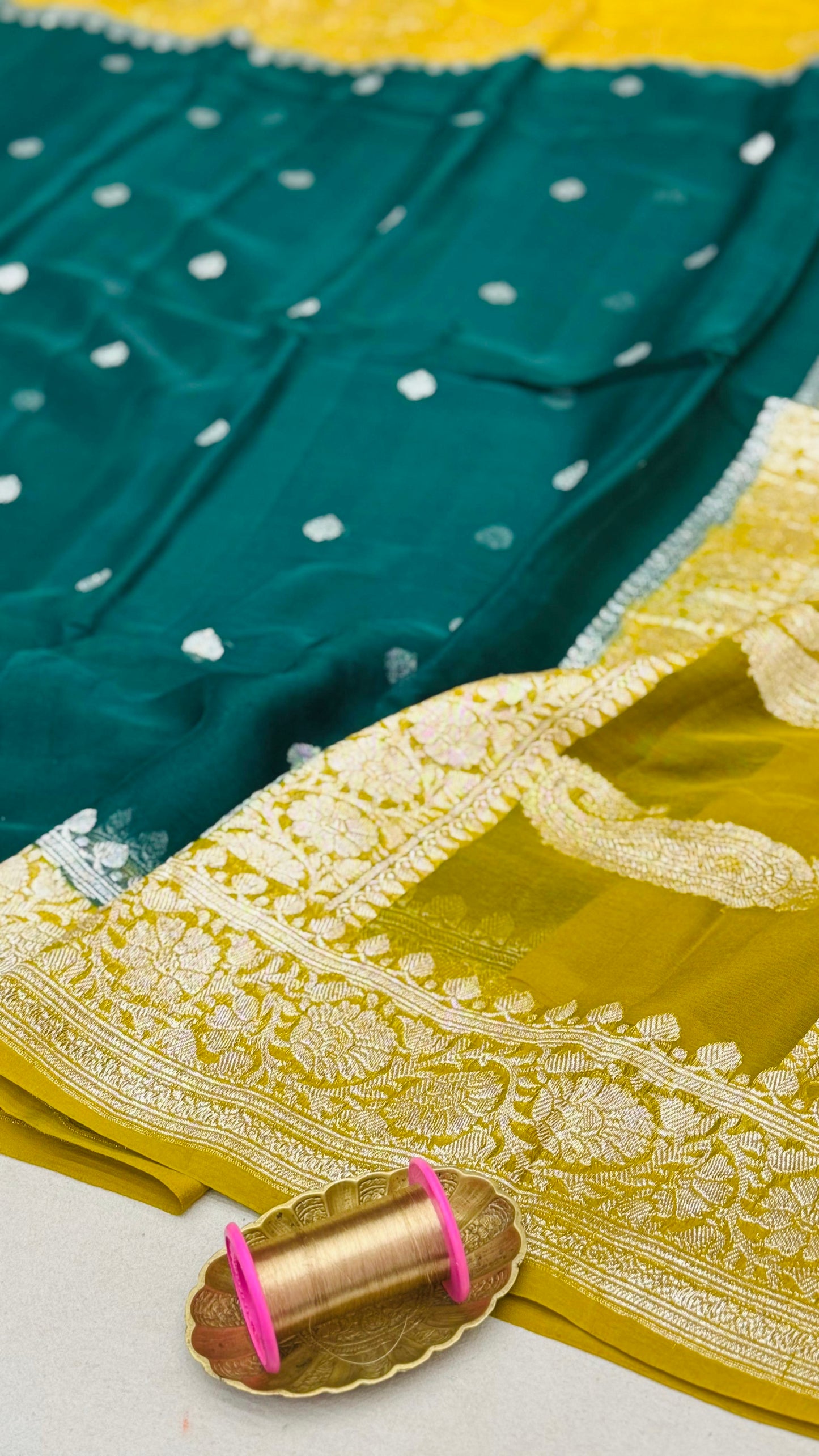 Pure Khaddi Chiffon Handloom Saree Deep Bottle Dreen Body With Mustard Yellow (Chhalak)