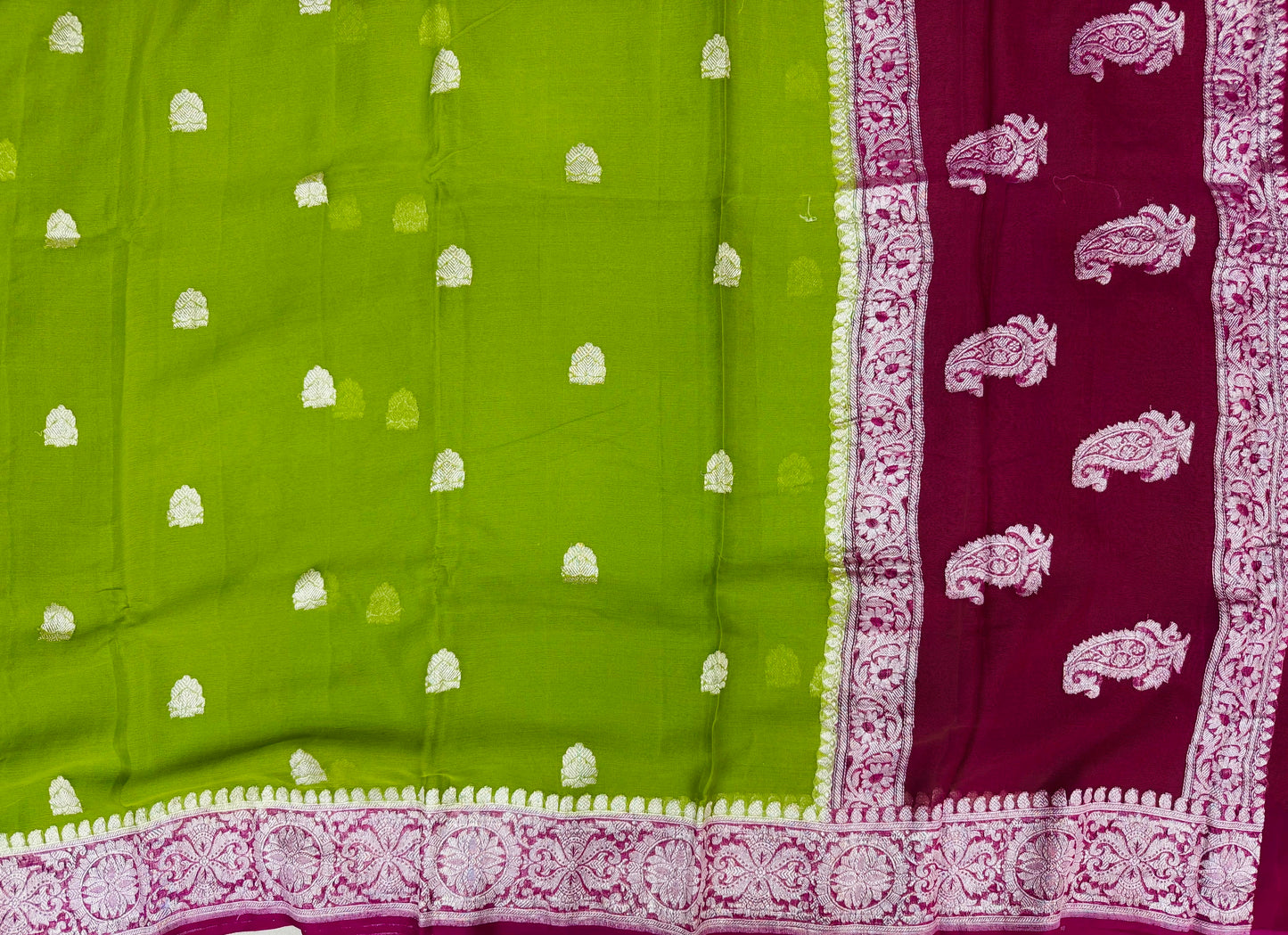 Pure Khaddi Chiffon Handloom Saree Green Body With Rani Pink (Chhalak)