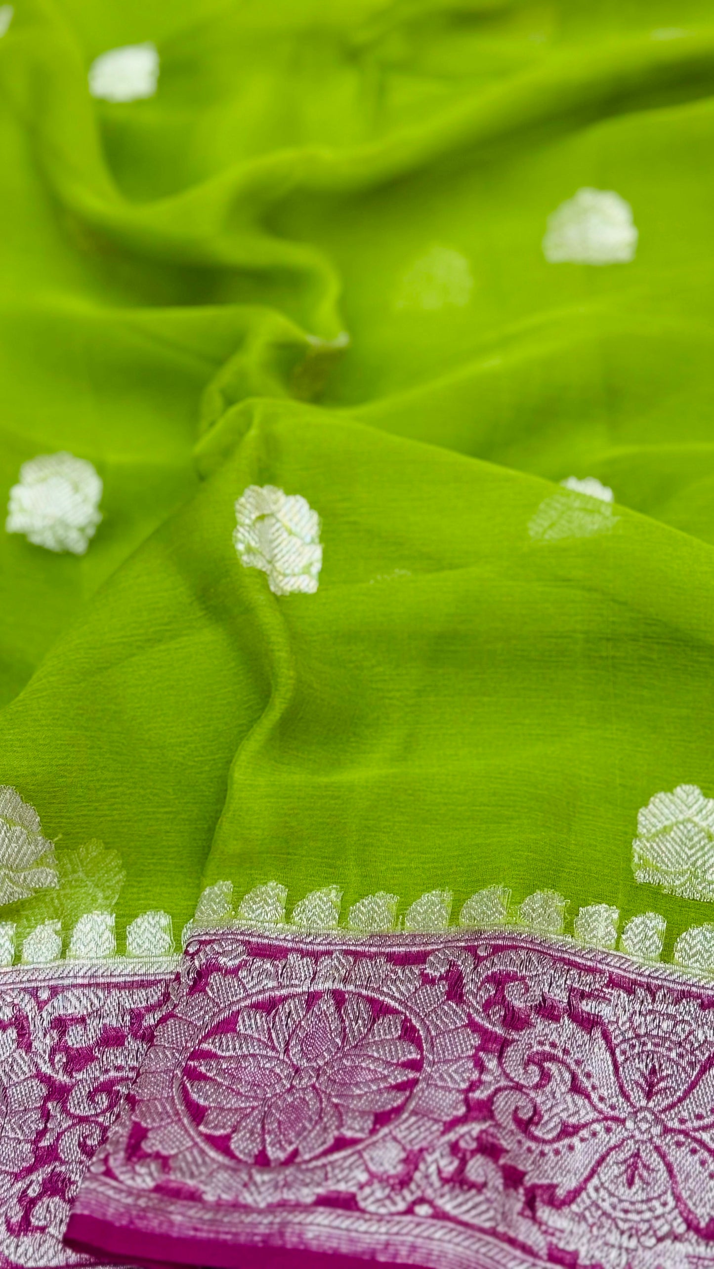 Pure Khaddi Chiffon Handloom Saree Green Body With Rani Pink (Chhalak)