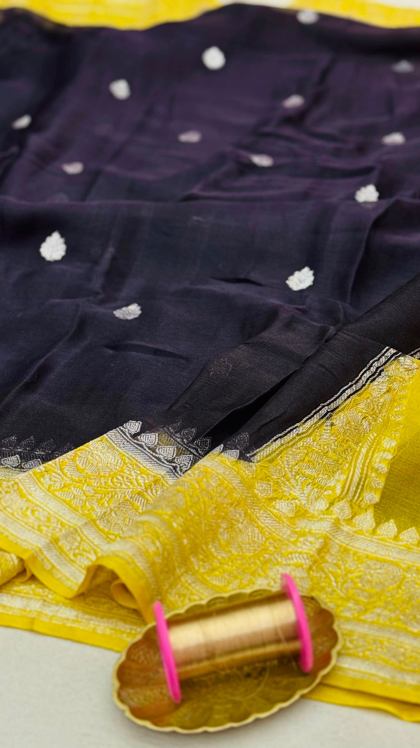 Pure Khaddi Chiffon Handloom Saree Navy Blue body with Mustard Yellow (Chhalak)