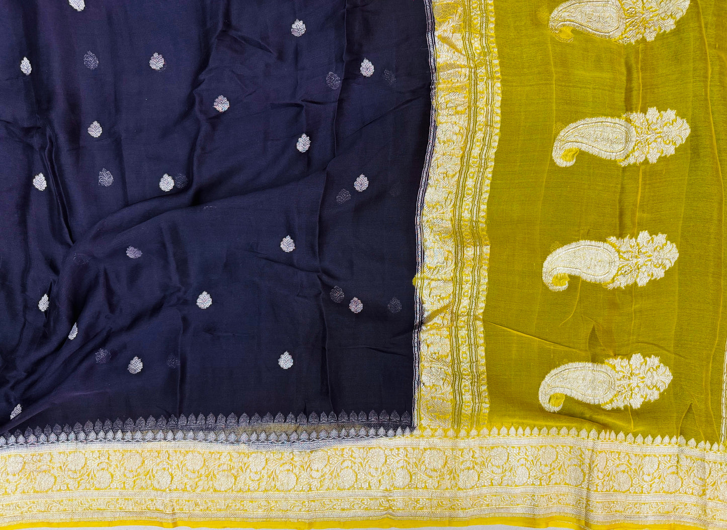 Pure Khaddi Chiffon Handloom Saree Navy Blue body with Mustard Yellow (Chhalak)