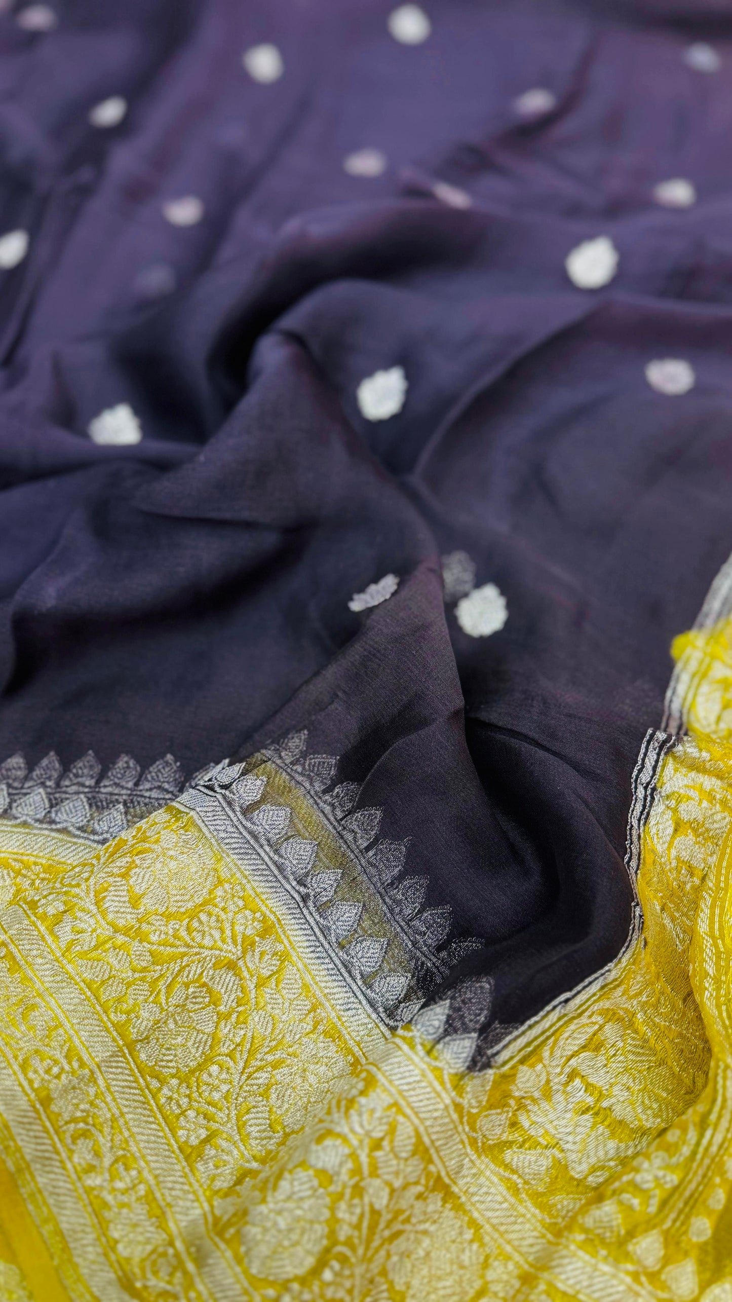 Pure Khaddi Chiffon Handloom Saree Navy Blue body with Mustard Yellow (Chhalak)