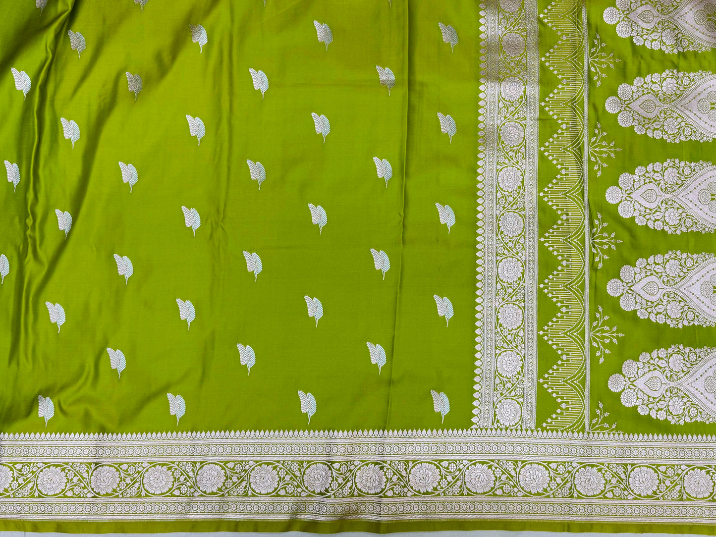 Pure Mashru Silk Alfi Buta Saree Parrot Green (Mashravi)