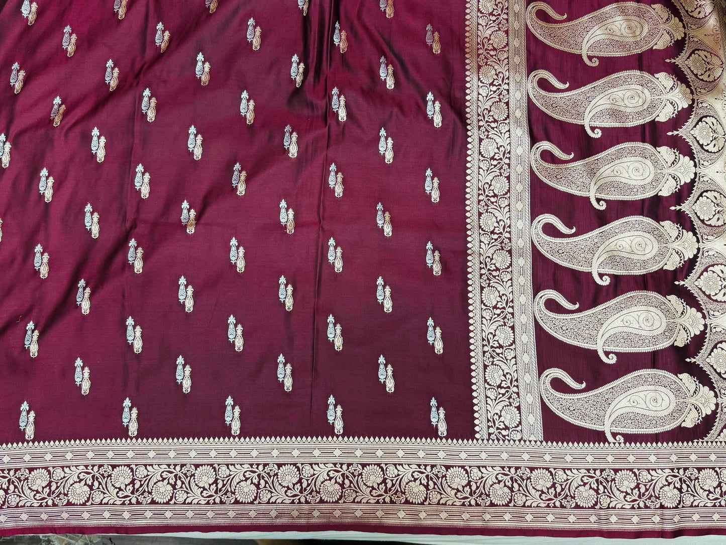 Pure Mashru Silk Alfi Buta Saree Wine Maroon (Mashravi)