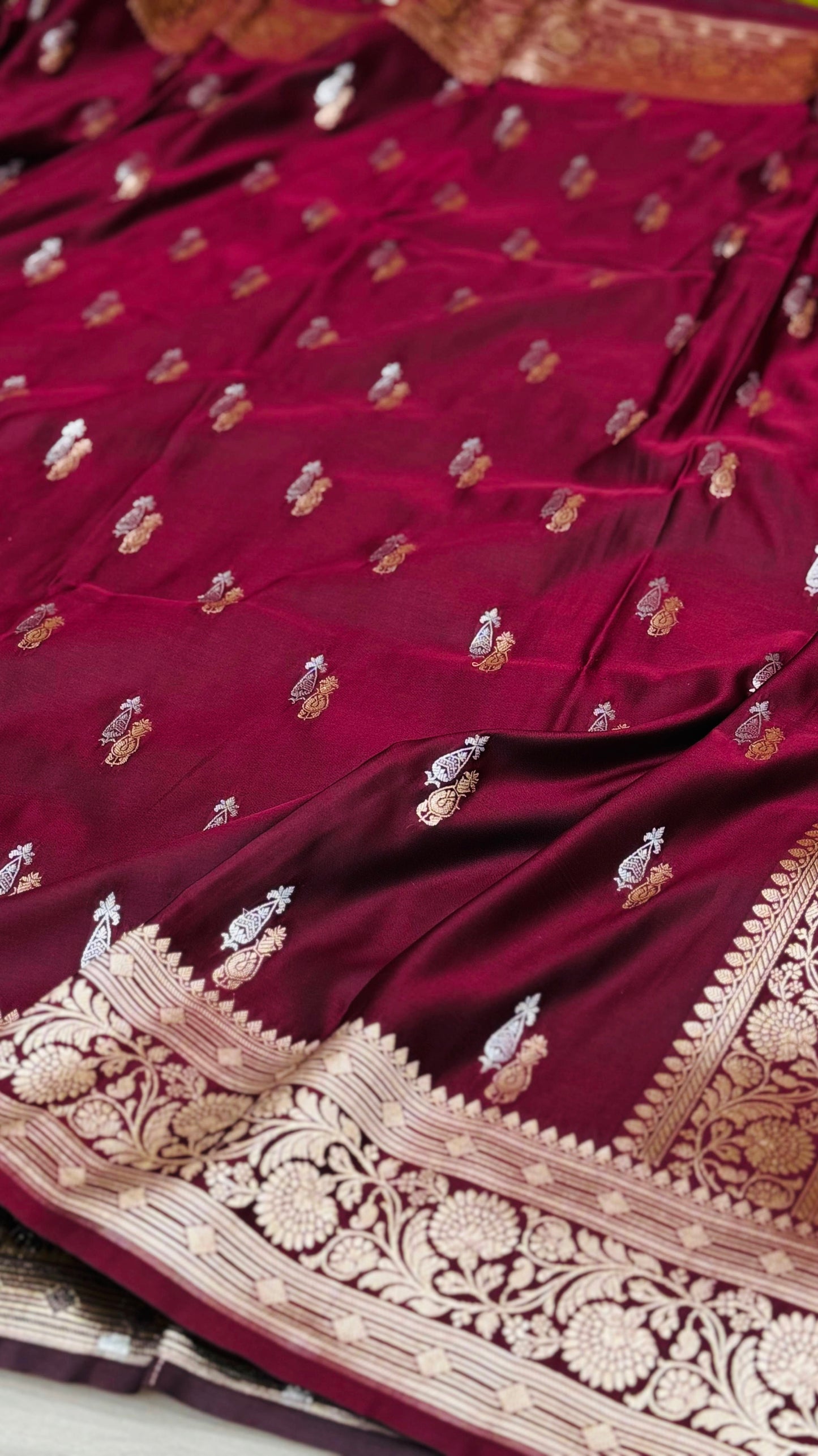 Pure Mashru Silk Alfi Buta Saree Wine Maroon (Mashravi)