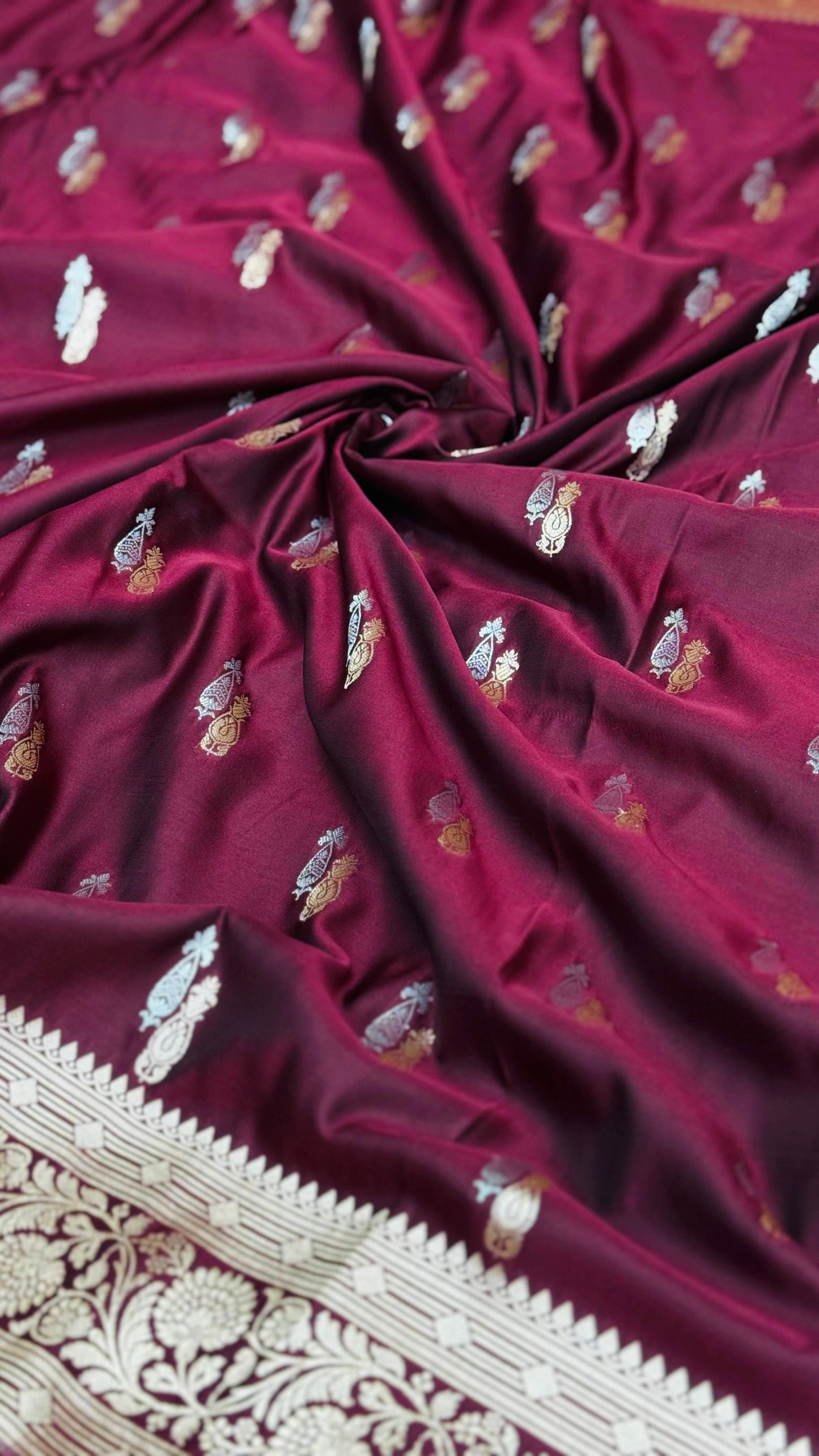 Pure Mashru Silk Alfi Buta Saree Wine Maroon (Mashravi)