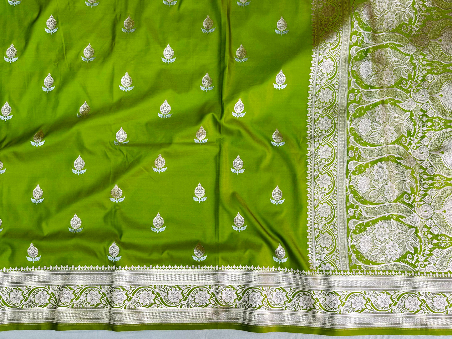 Pure Mashru Silk Alfi Buta Saree Parrot Green (Mashravi)