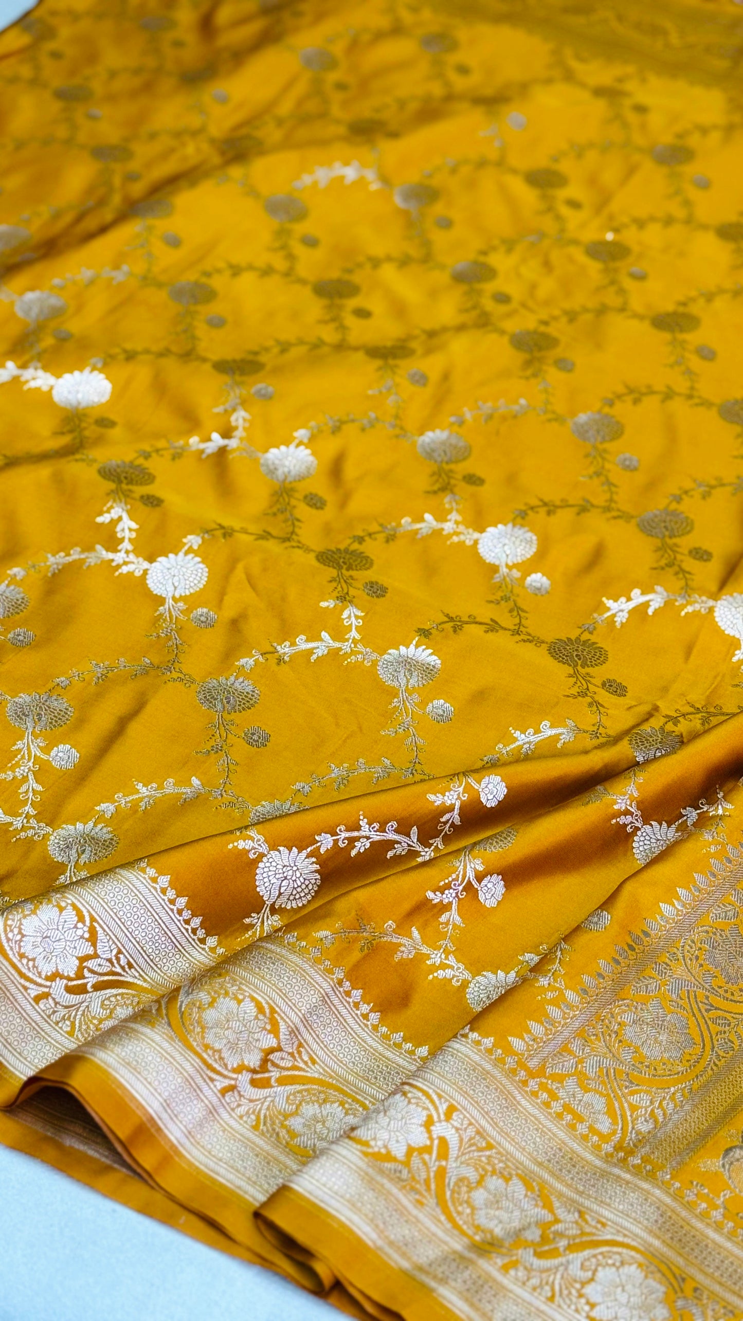 Pure Mashru Silk Jaal Saree Yellow (Mashravi)