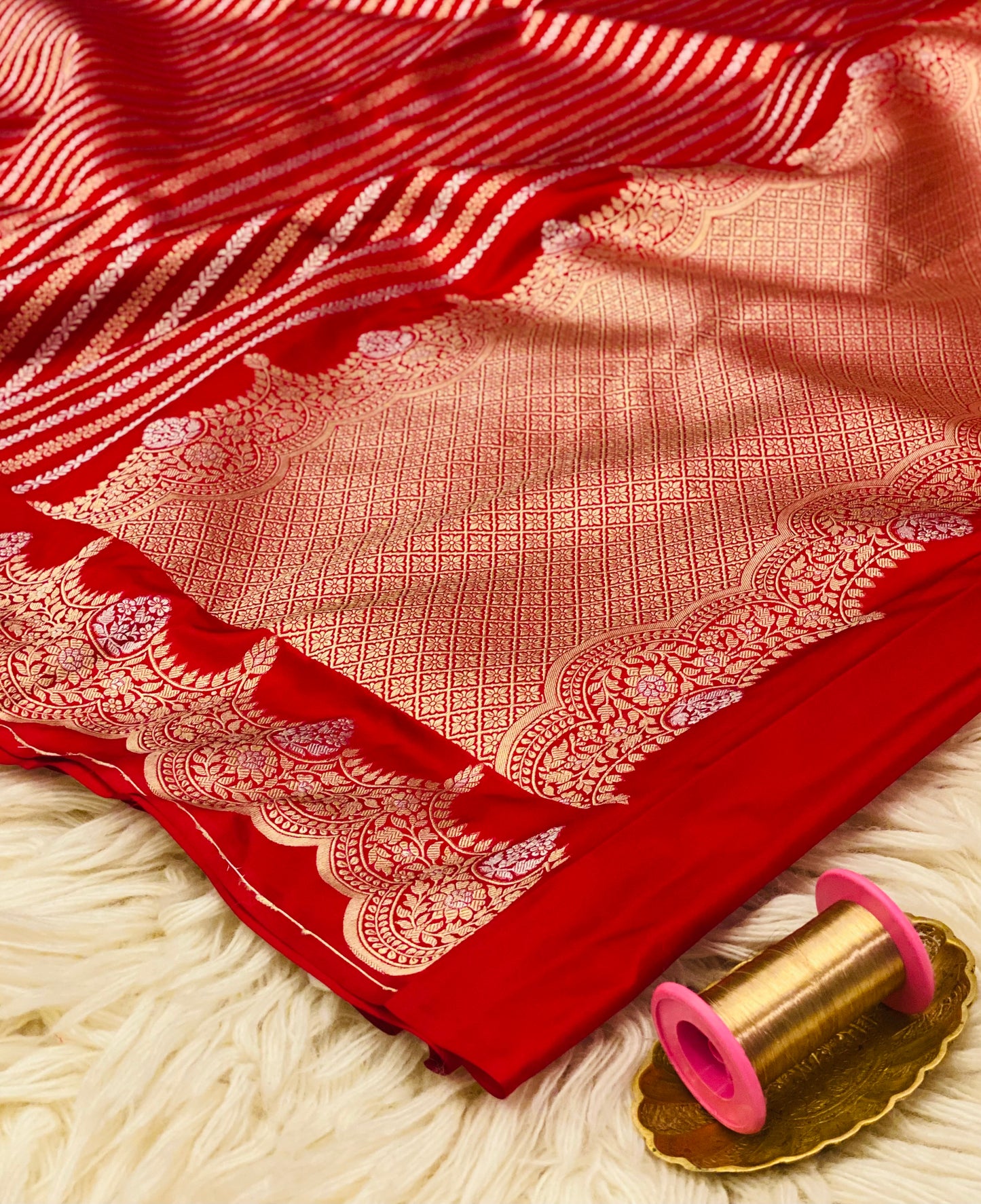 Pure Katan Silk Double Zari Stripe Saree (Noor-e-Nazaaka)