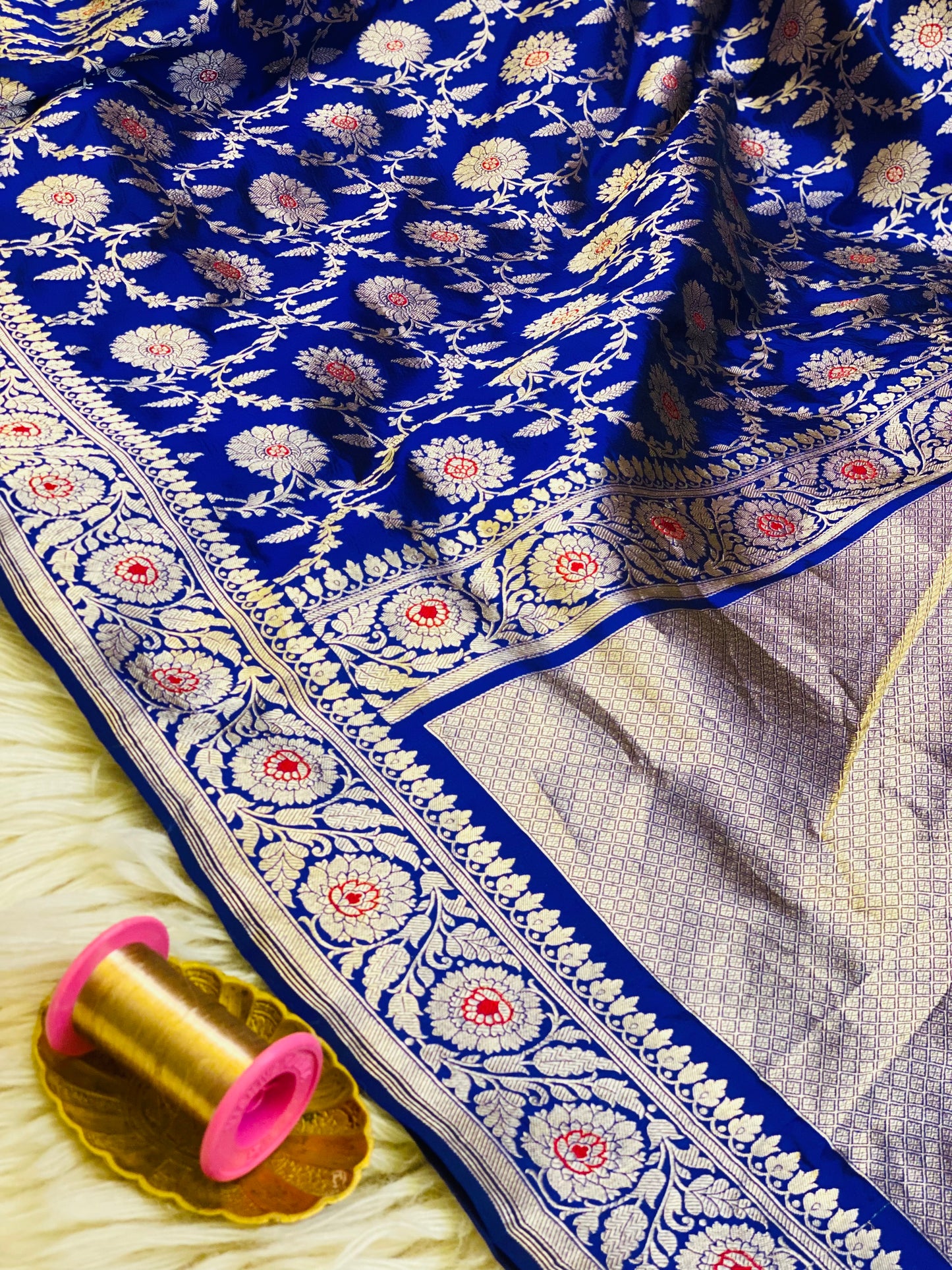 Pure Katan Meena Jaal Saree Royal Blue (Noor-e-Nazaaka)