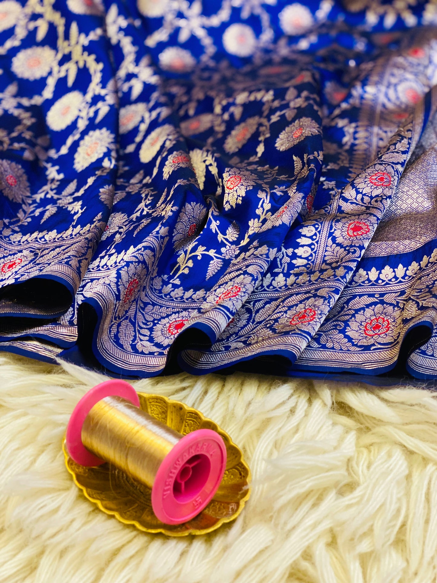 Pure Katan Meena Jaal Saree Royal Blue (Noor-e-Nazaaka)