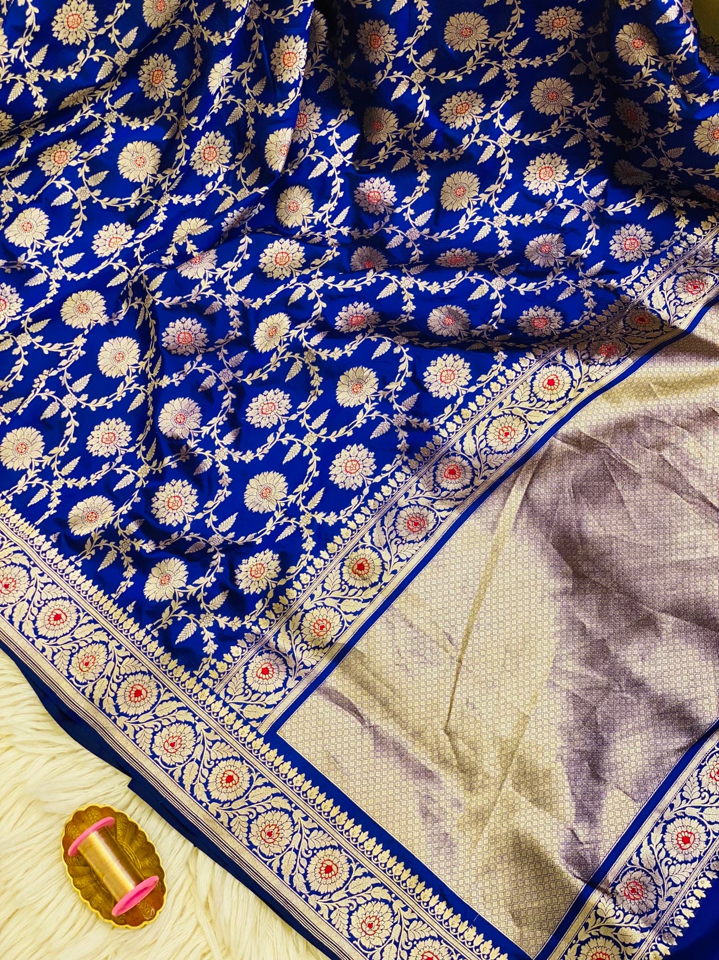 Pure Katan Meena Jaal Saree Royal Blue (Noor-e-Nazaaka)