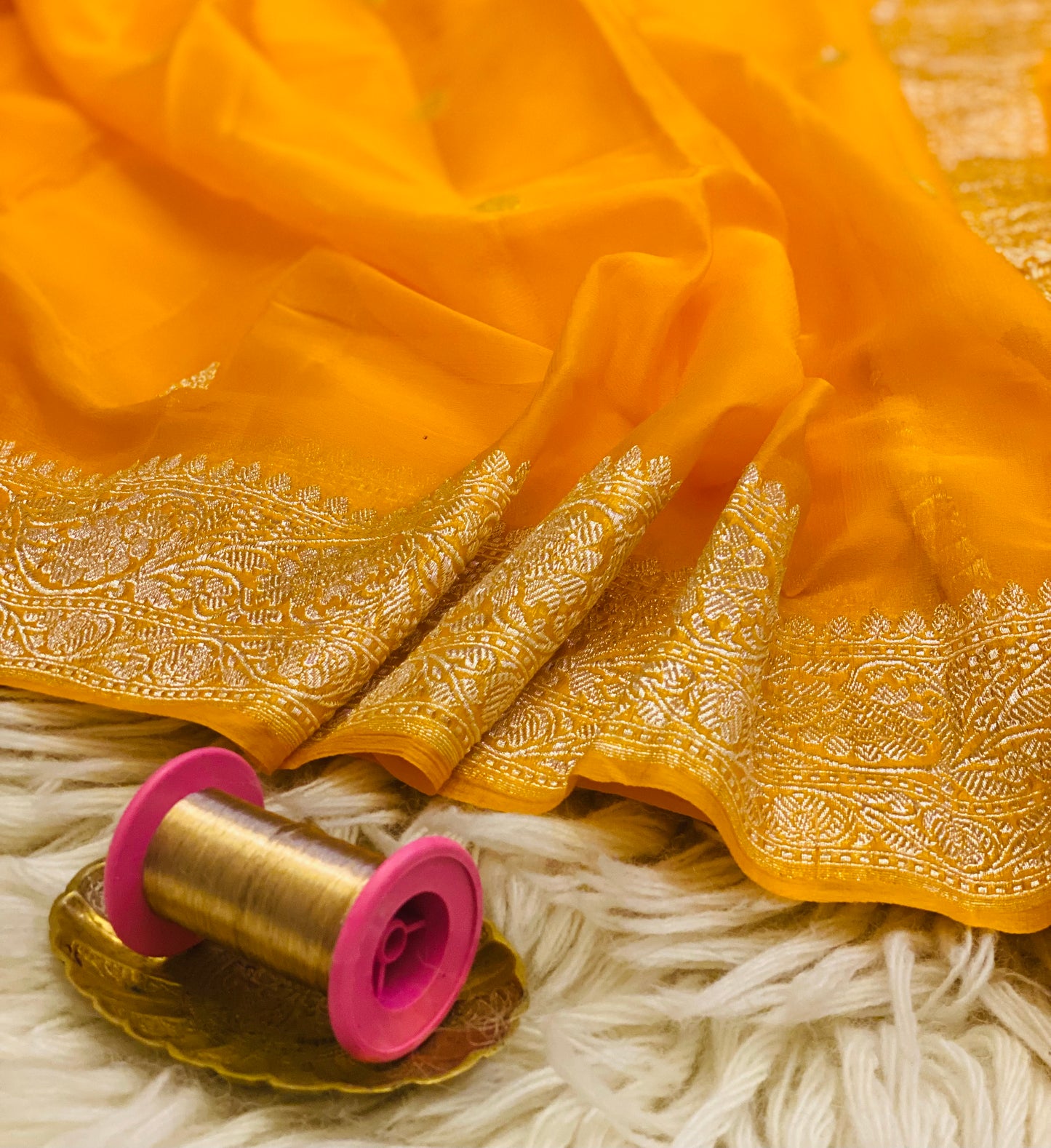 Pure Khaddi Chiffon Handloom Saree Yellow (Chhalak)