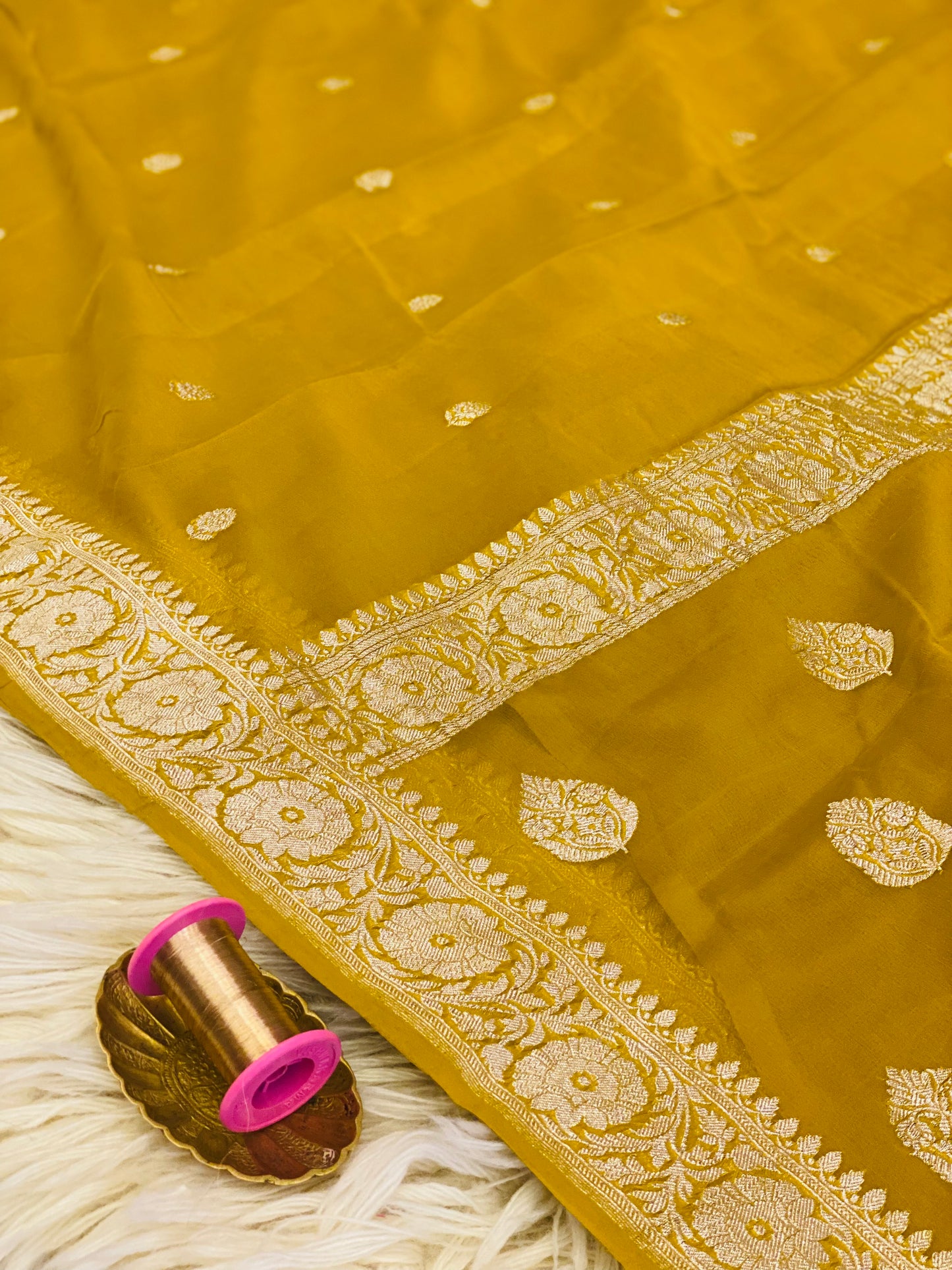 Pure Khaddi Chiffon Handloom Saree Mustard Yellow (Chhalak)