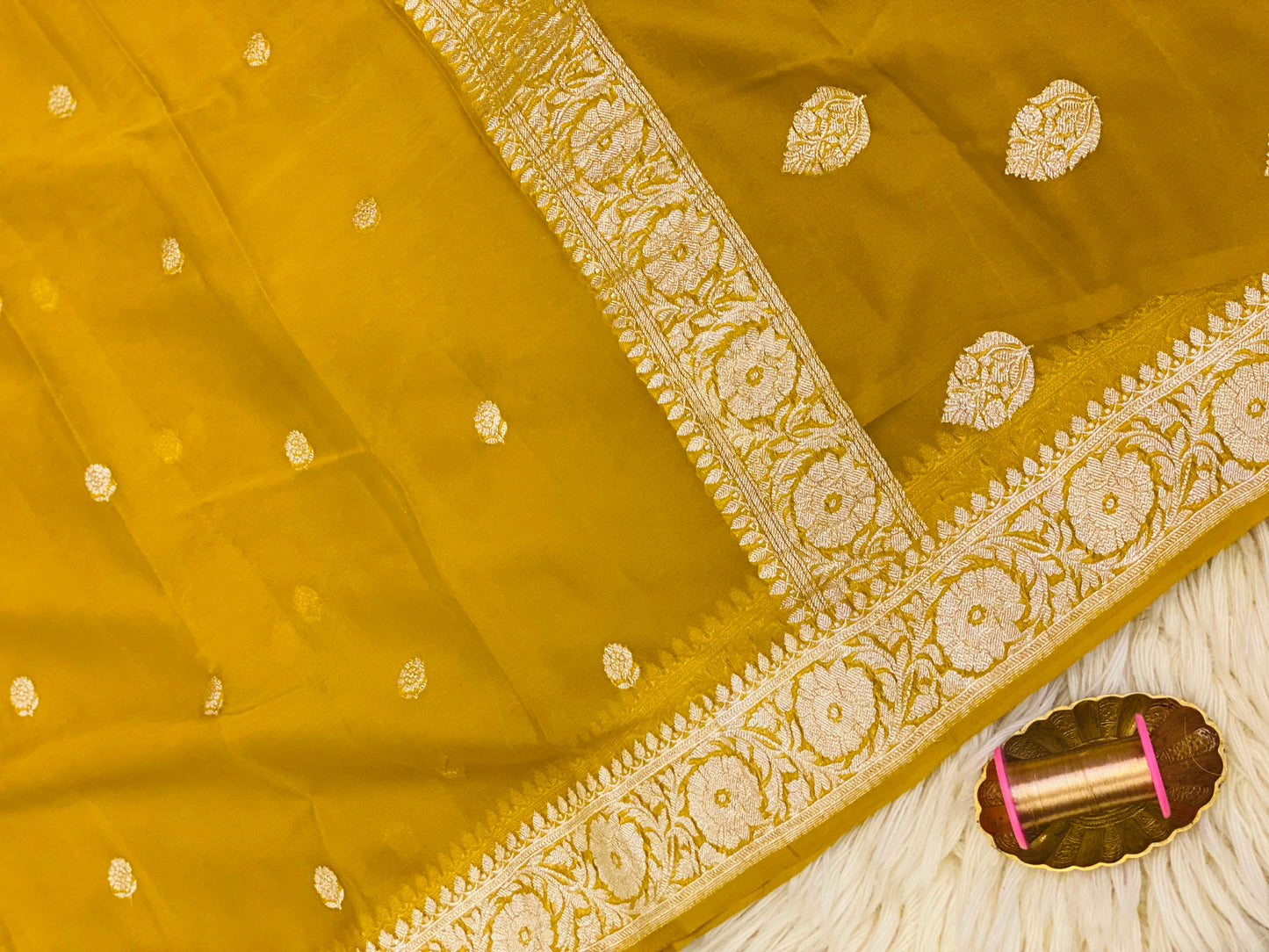 Pure Khaddi Chiffon Handloom Saree Mustard Yellow (Chhalak)
