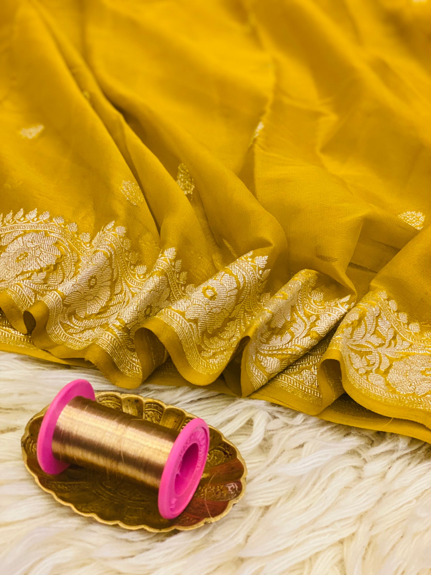 Pure Khaddi Chiffon Handloom Saree Mustard Yellow (Chhalak)