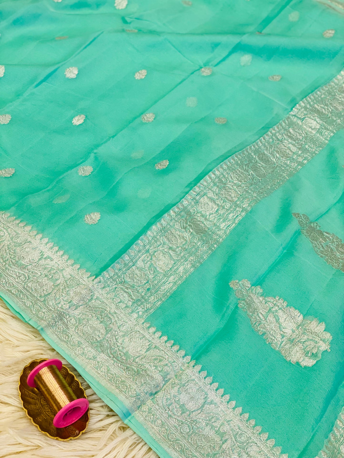 Pure Khaddi Chiffon Handloom Saree Aqua Blue (Chhalak)