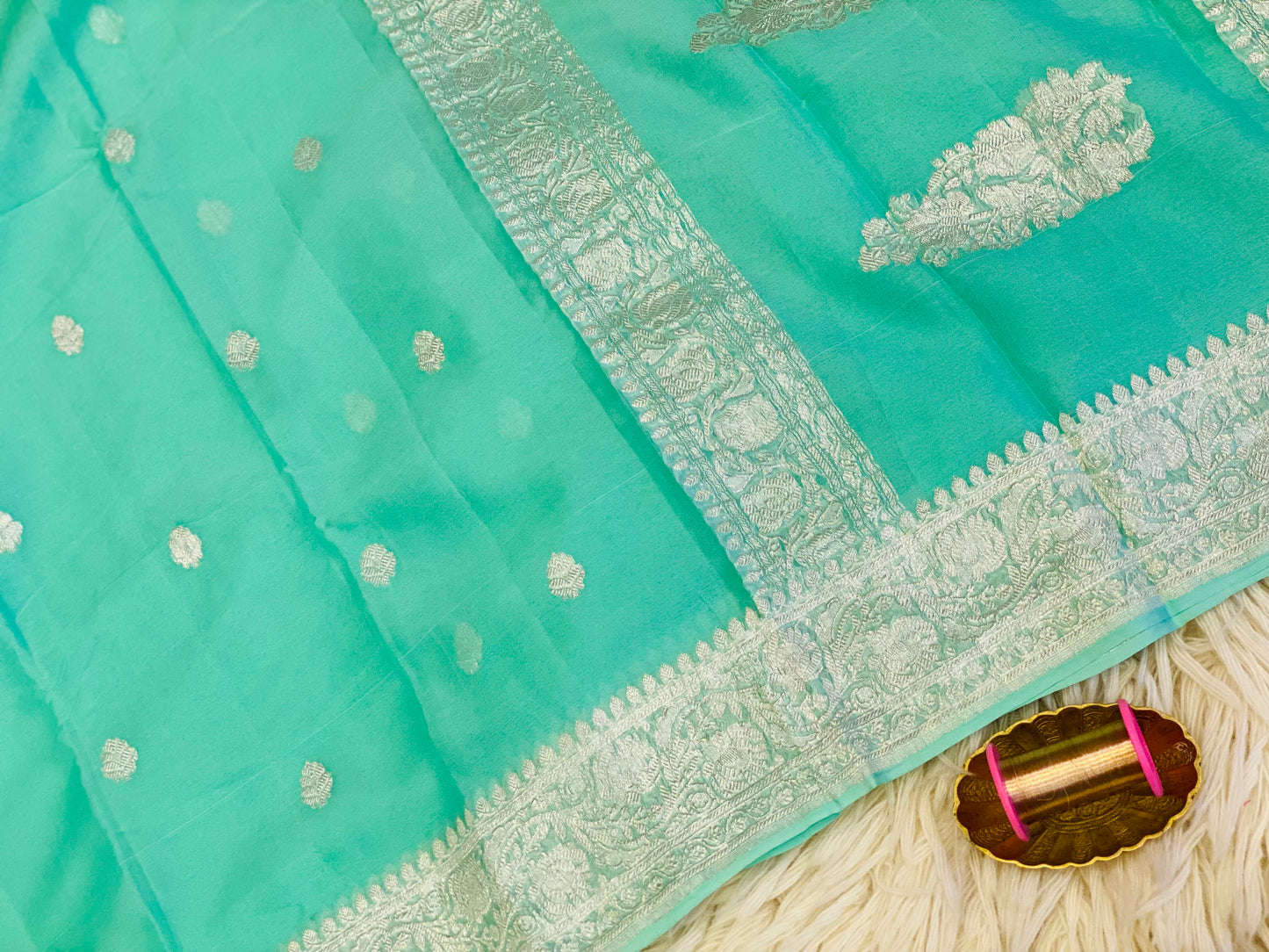 Pure Khaddi Chiffon Handloom Saree Aqua Blue (Chhalak)
