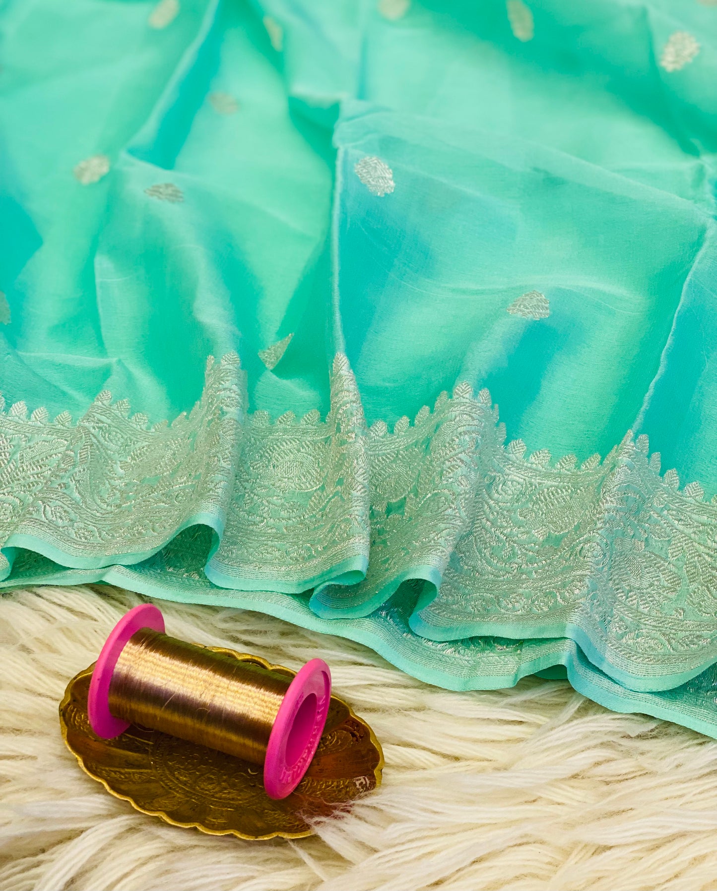 Pure Khaddi Chiffon Handloom Saree Aqua Blue (Chhalak)