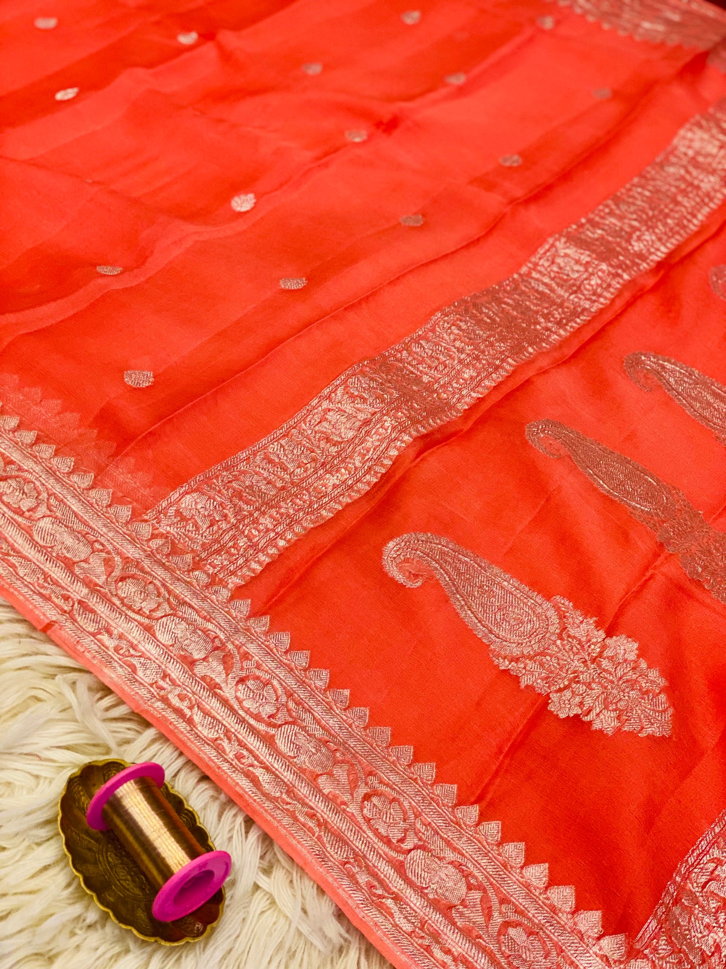 Pure Khaddi Chiffon Handloom Saree Coral Orange (Chhalak)