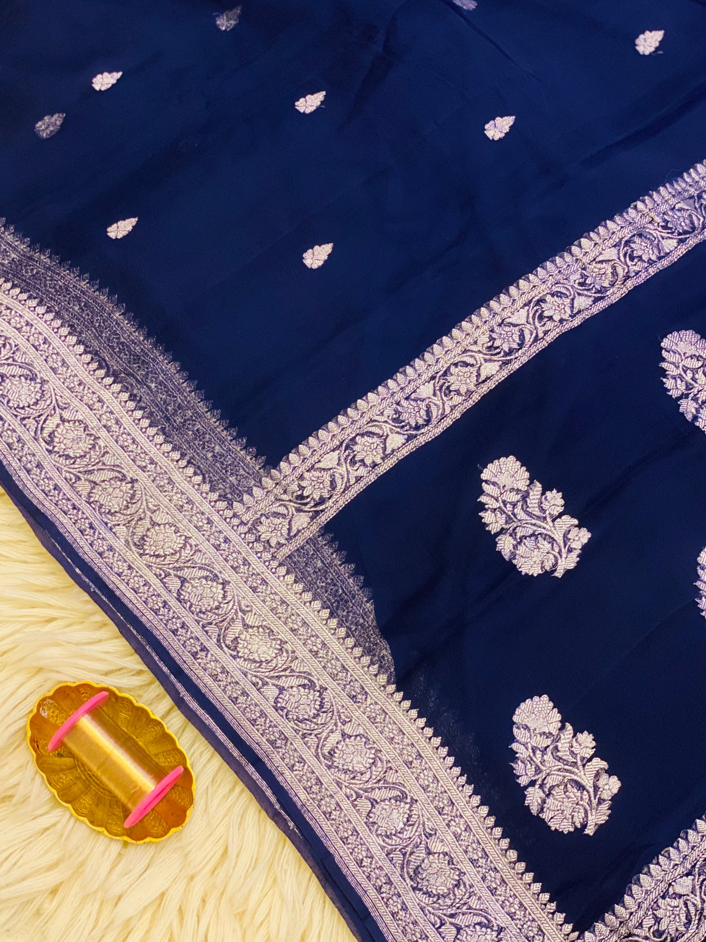 Pure Khaddi Chiffon Handloom Saree Deep Navy Blue (Chhalak)