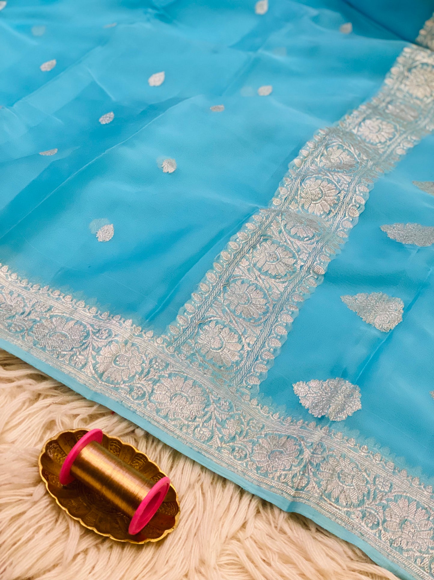 Pure Khaddi Chiffon Handloom Saree Light Blue (Chhalak)