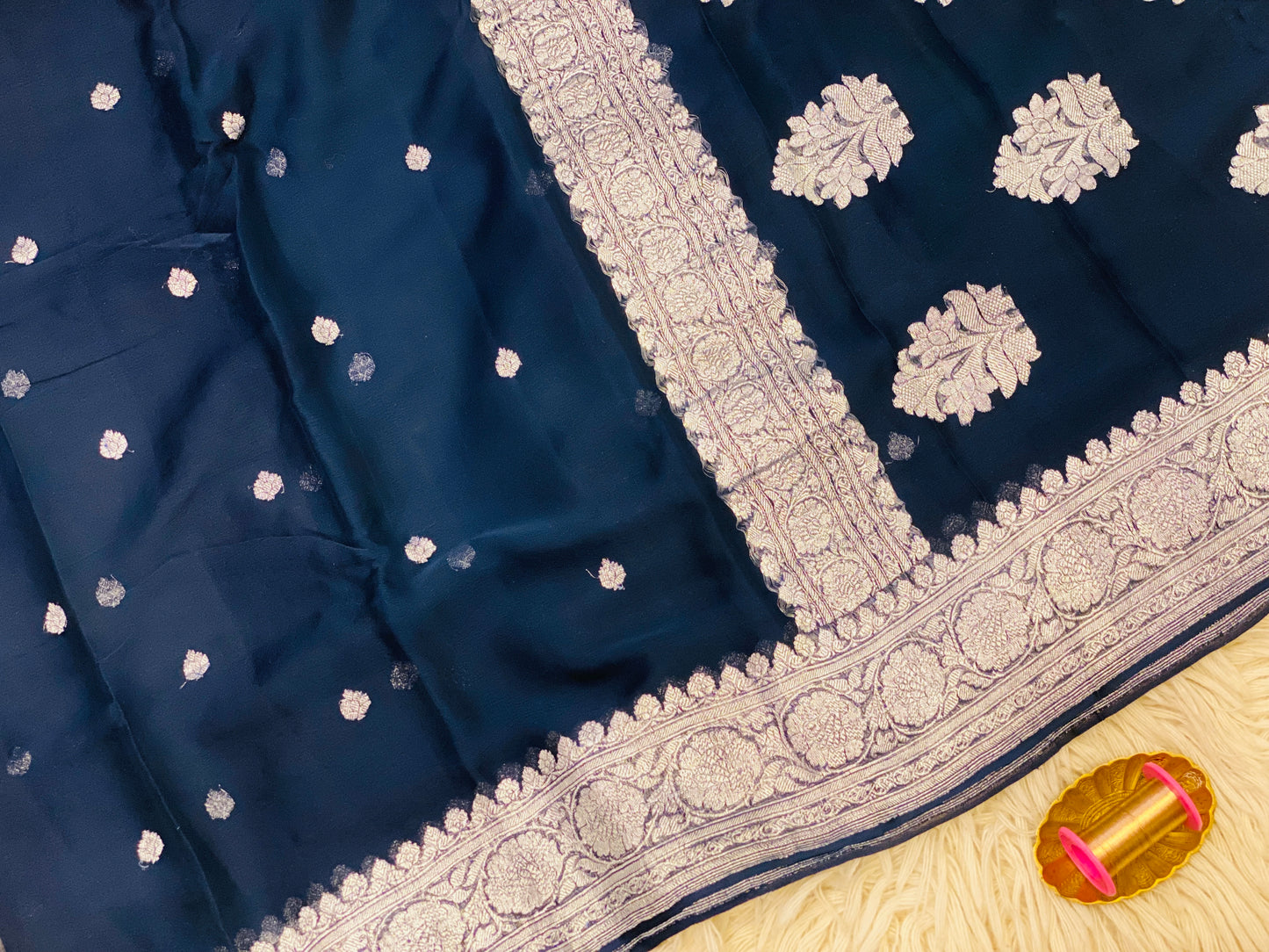 Pure Khaddi Chiffon Handloom Saree Navy Blue (Chhalak)