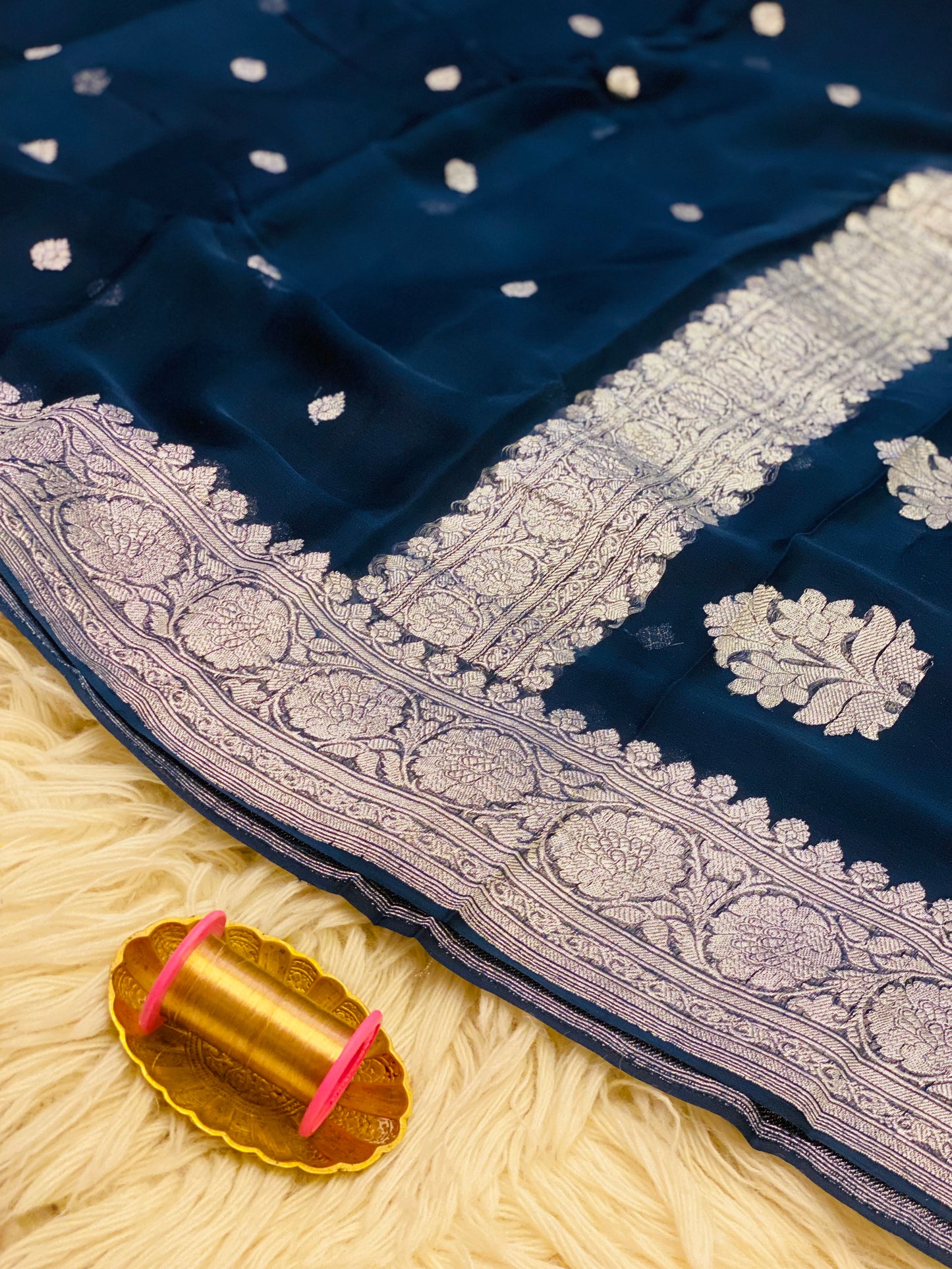 Pure Khaddi Chiffon Handloom Saree Navy Blue (Chhalak)