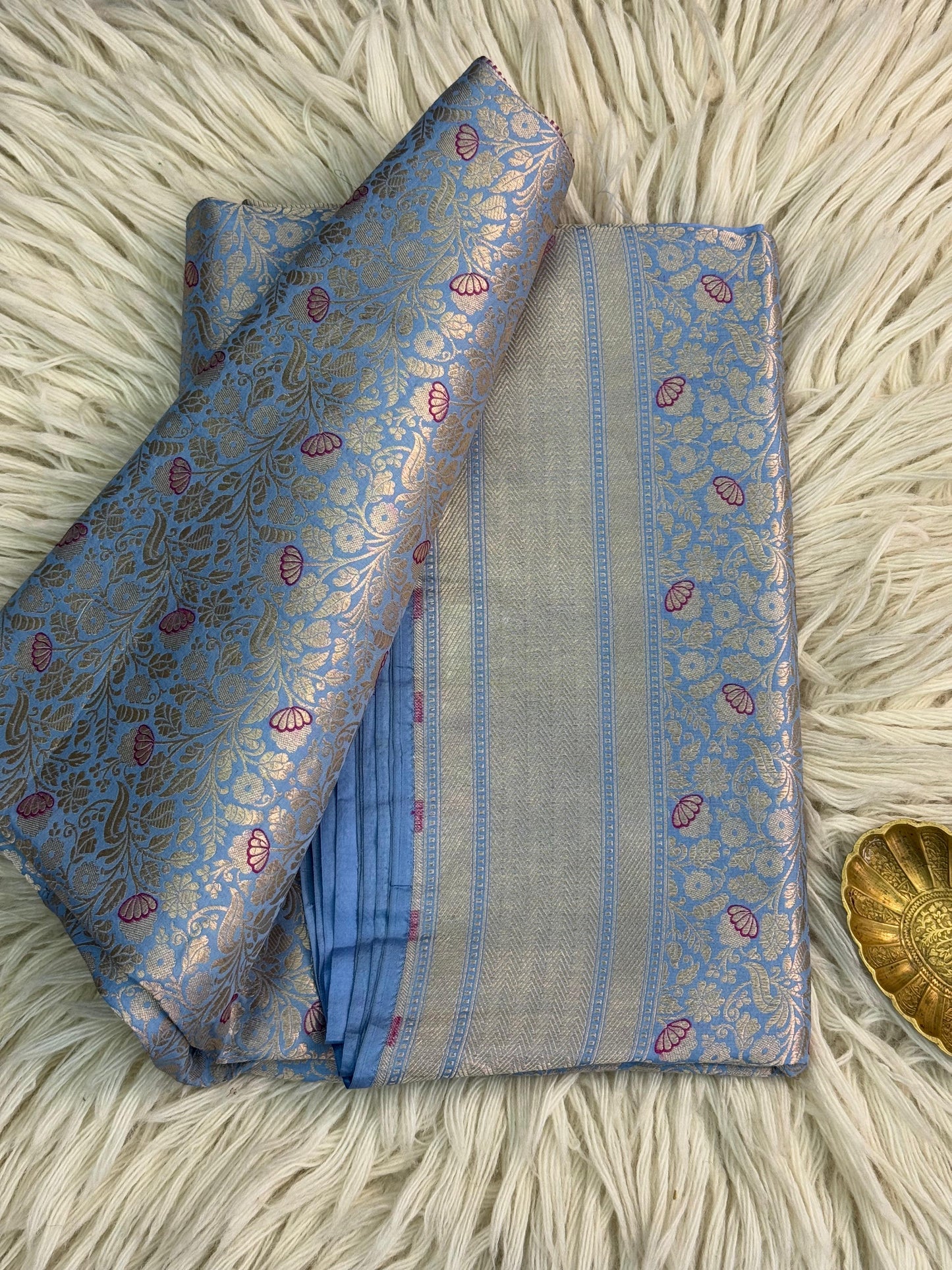 Pure Katan Silk Brocade Meenakari Saree Powder Blue (Brocade Meenakshi)
