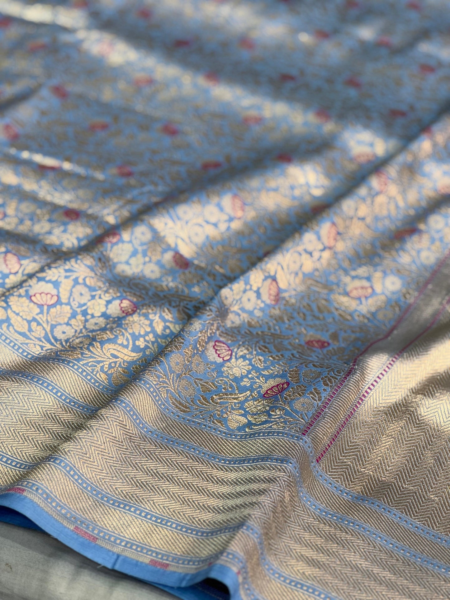 Pure Katan Silk Brocade Meenakari Saree Powder Blue (Brocade Meenakshi)